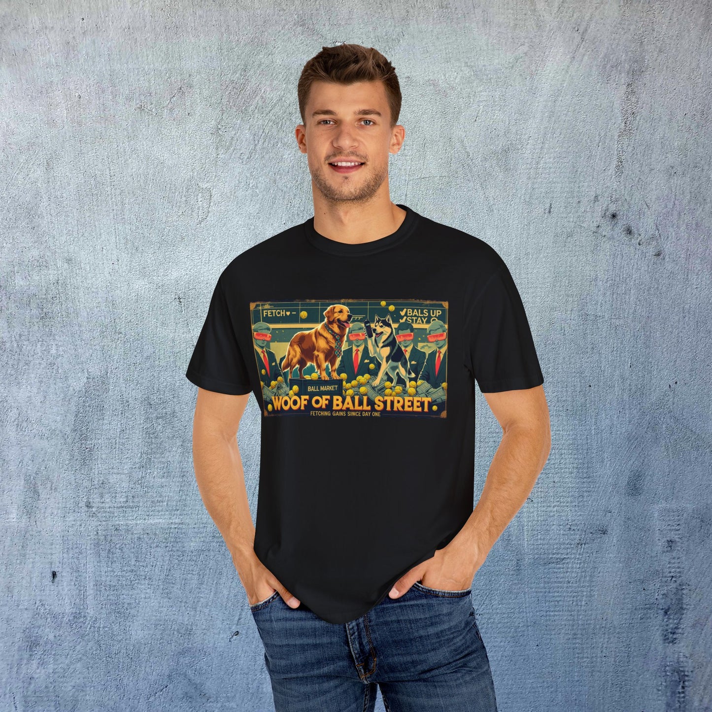 Model showcasing the Sleek Woof of Ball Street T-Shirt in black, highlighting its unique design and 100% cotton fabric for comfort and style. Perfect for dog enthusiasts.