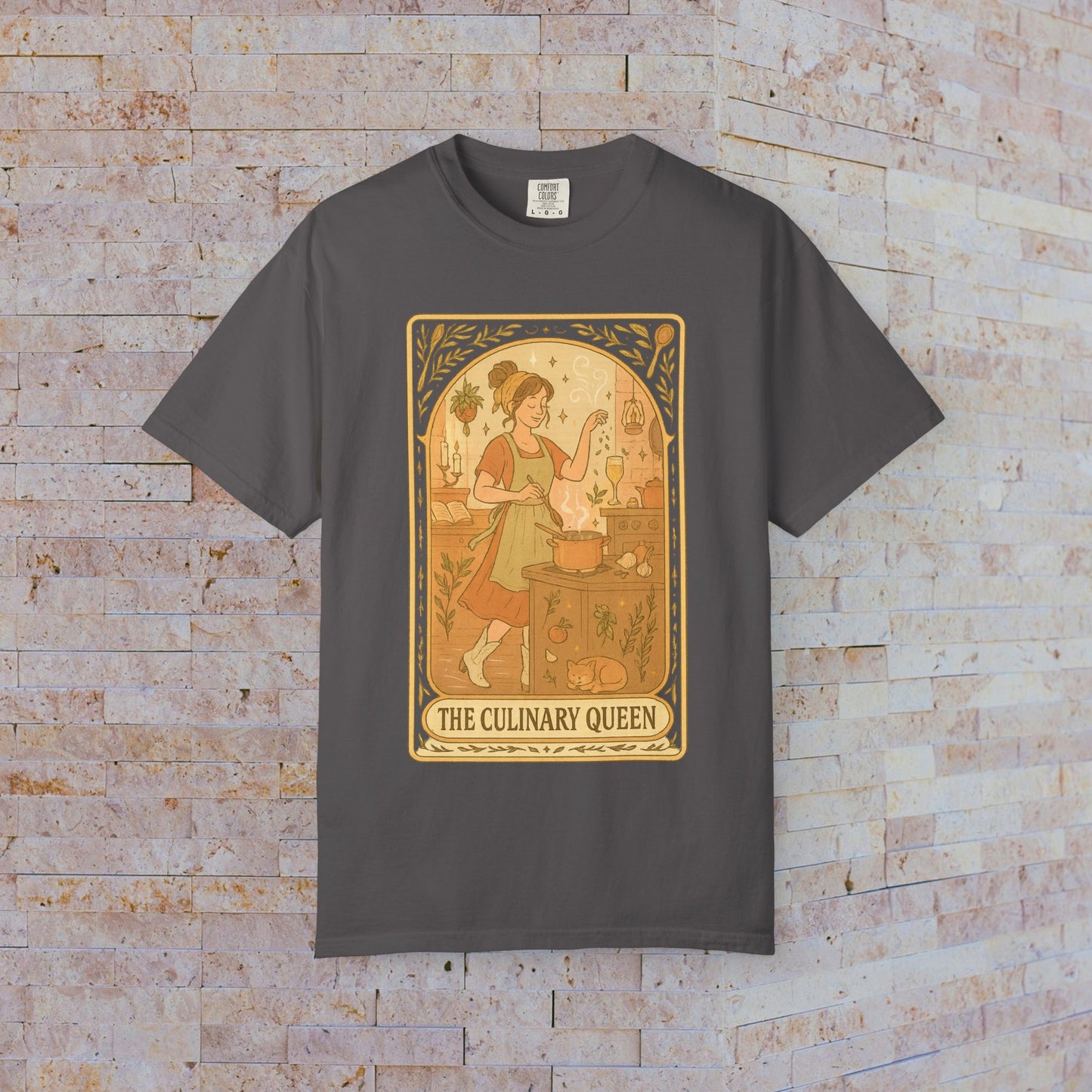 Culinary Queen Tarot Tee in dark gray, featuring an artistic depiction of a culinary theme, perfect for food enthusiasts.