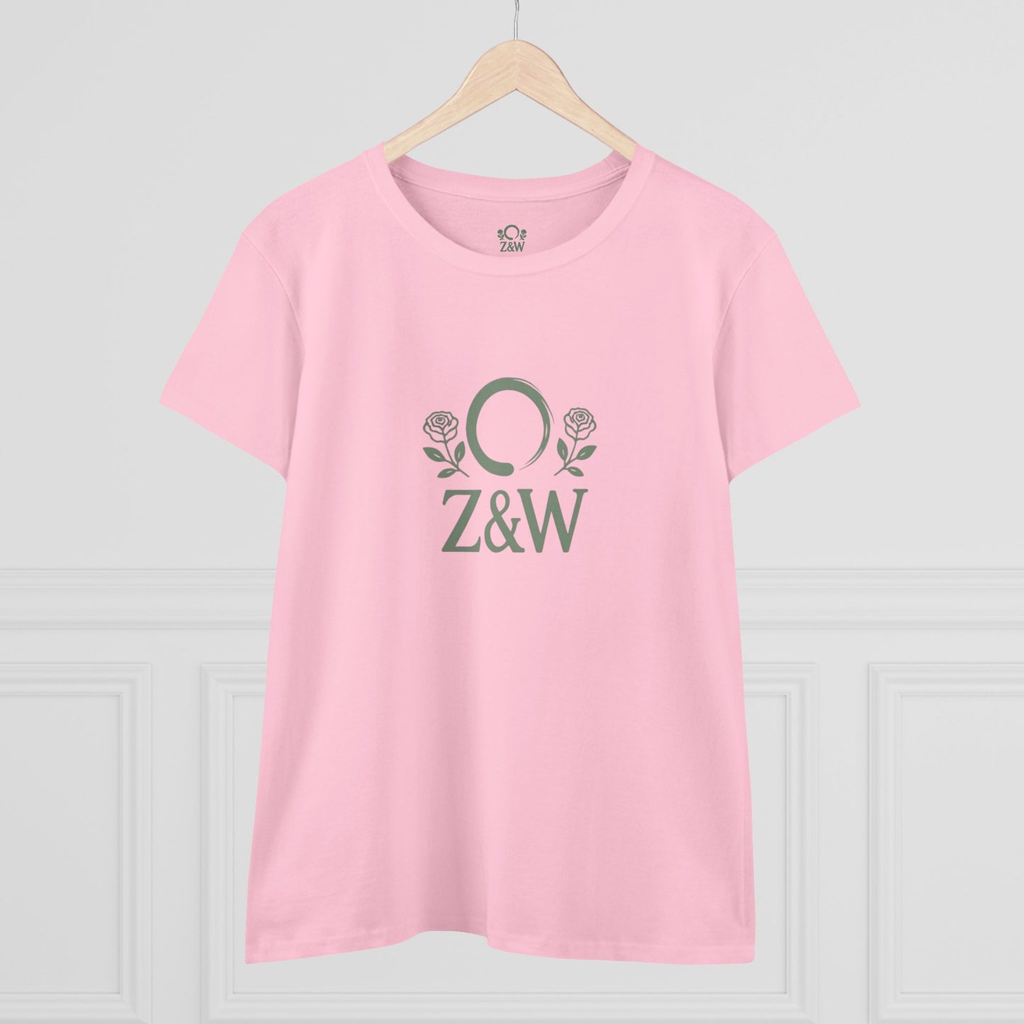 Front view of ZenAndWhiskey Classic 100% Cotton Tee in pink, showcasing Z&W logo and roses, great for relaxed style.