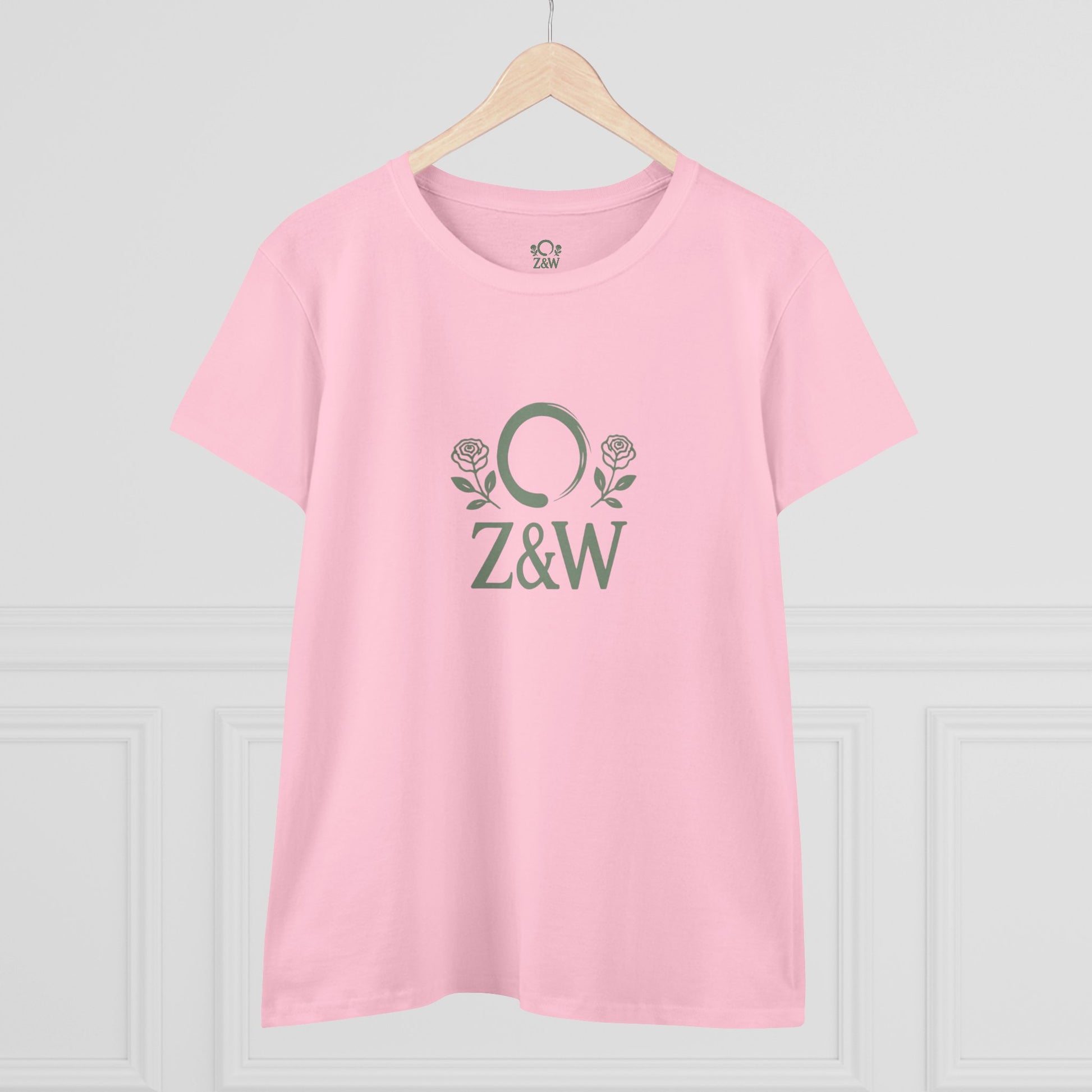 Front view of ZenAndWhiskey Classic 100% Cotton Tee in pink, showcasing Z&W logo and roses, great for relaxed style.
