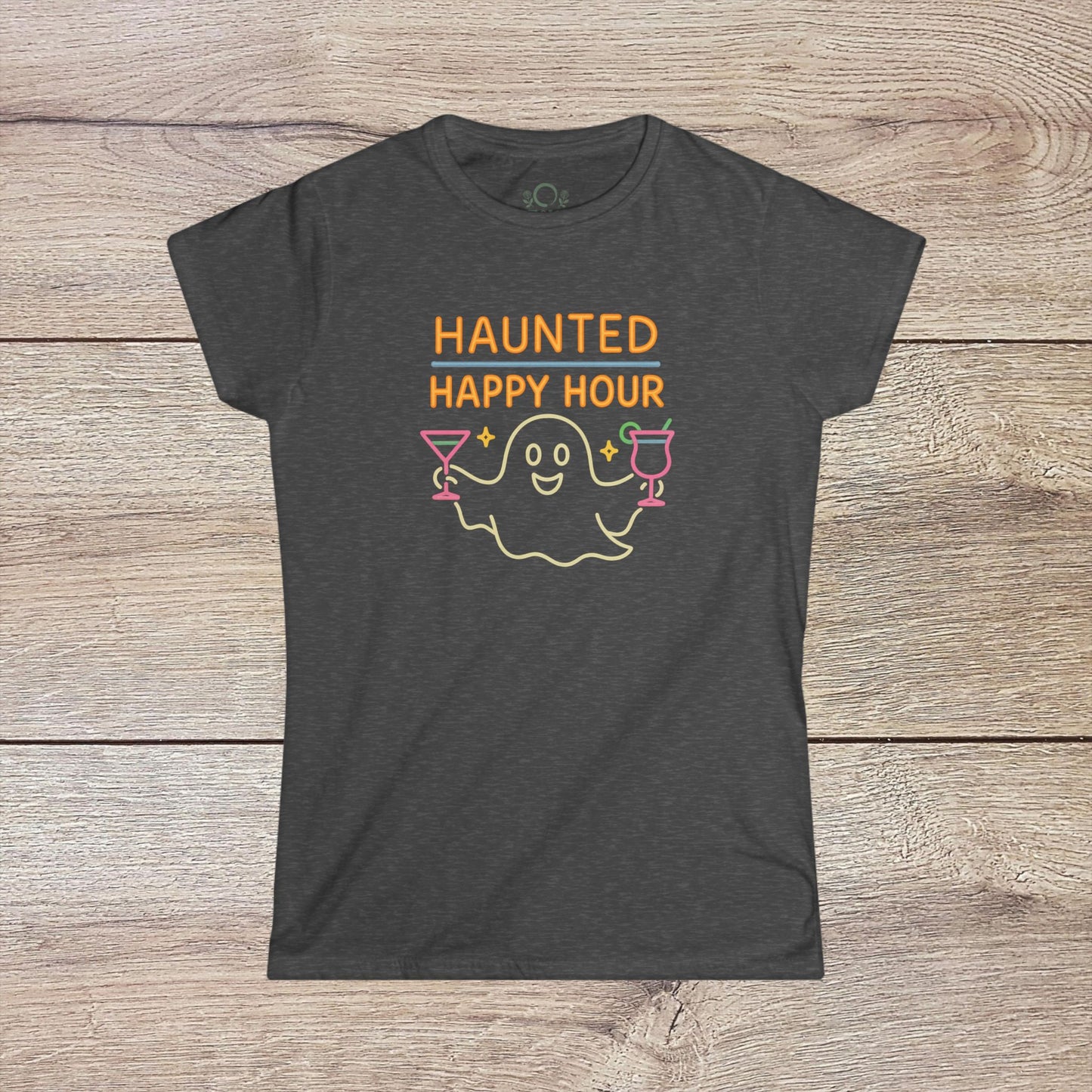 Haunted Happy Hour T-Shirt in charcoal gray, displaying a cheerful ghost illustration with drinks, perfect for Halloween events and sustainable fashion choices.