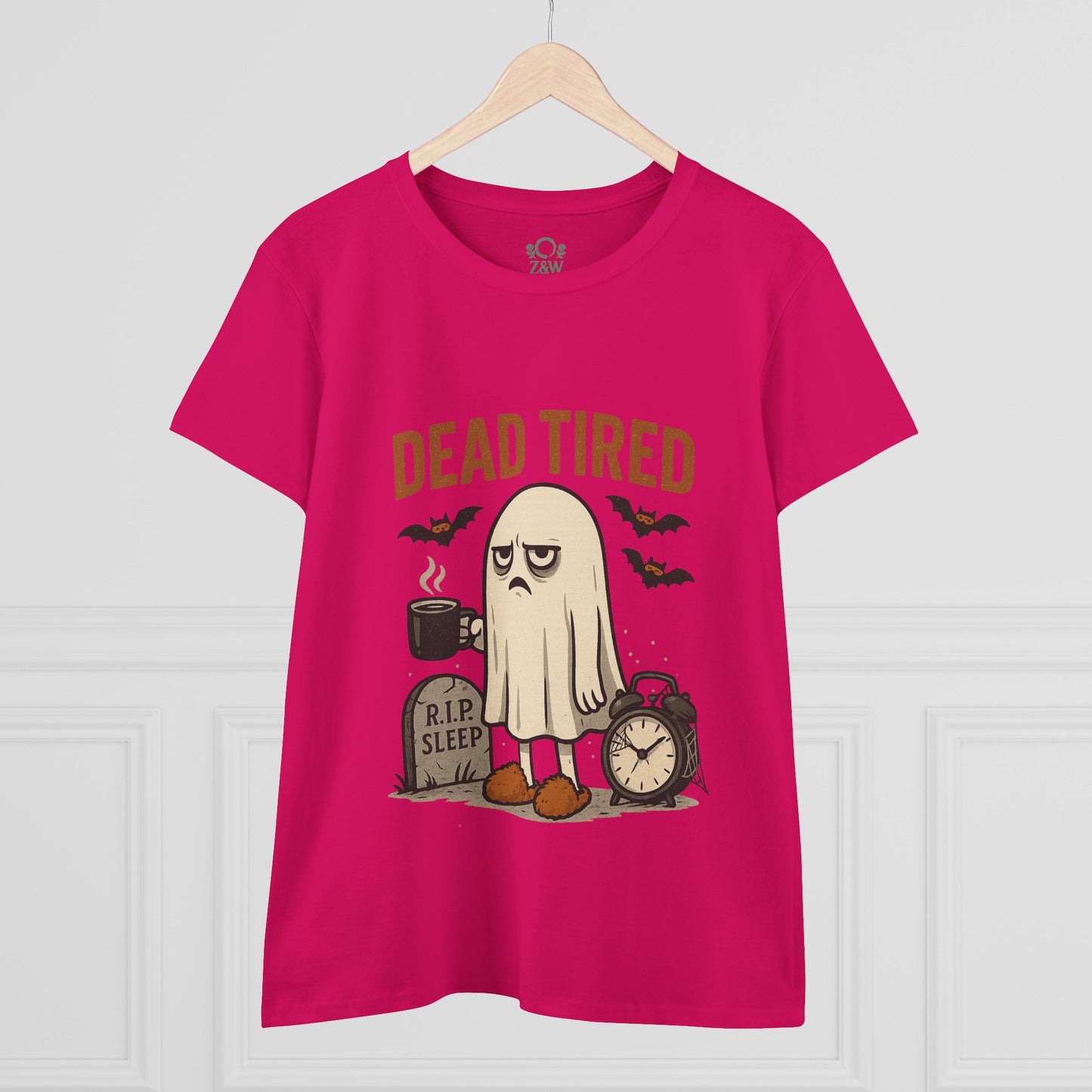 Cute Whimsical Ghost T-Shirt for Halloween in vibrant pink, featuring a sleepy ghost character with 'DEAD TIRED' text, perfect for cozy, casual wear.