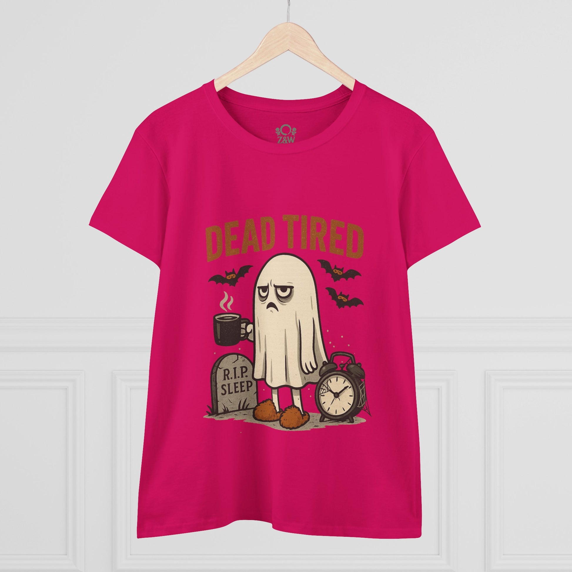 Cute Whimsical Ghost T-Shirt for Halloween in vibrant pink, featuring a sleepy ghost character with 'DEAD TIRED' text, perfect for cozy, casual wear.