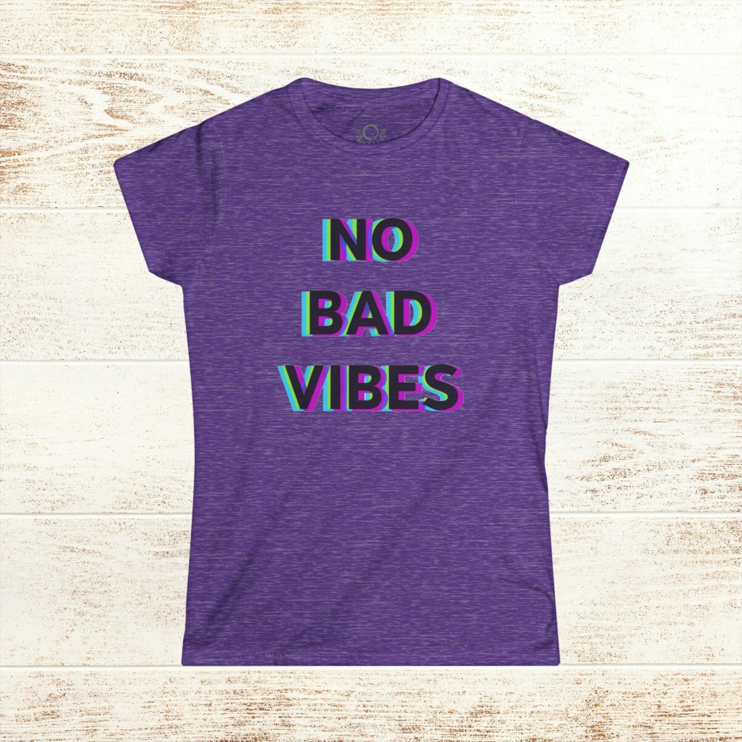 No Bad Vibes Tee in a heathered purple fabric with a bold, colorful text design, perfect for a cheerful, casual style.