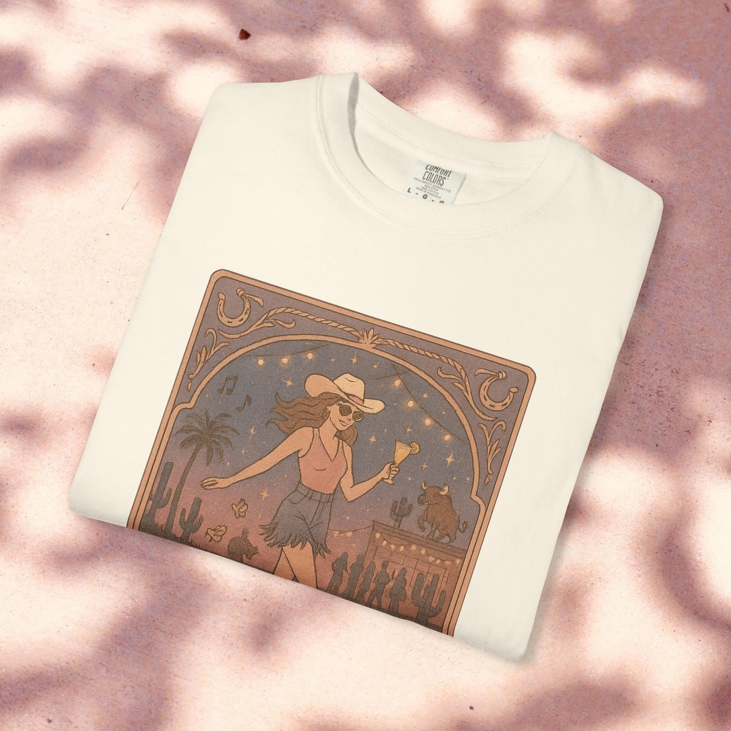 Line Dancer Tarot Tee in white color, featuring an artistic depiction of a girl dancing in a desert, made from soft, ethically sourced cotton.
