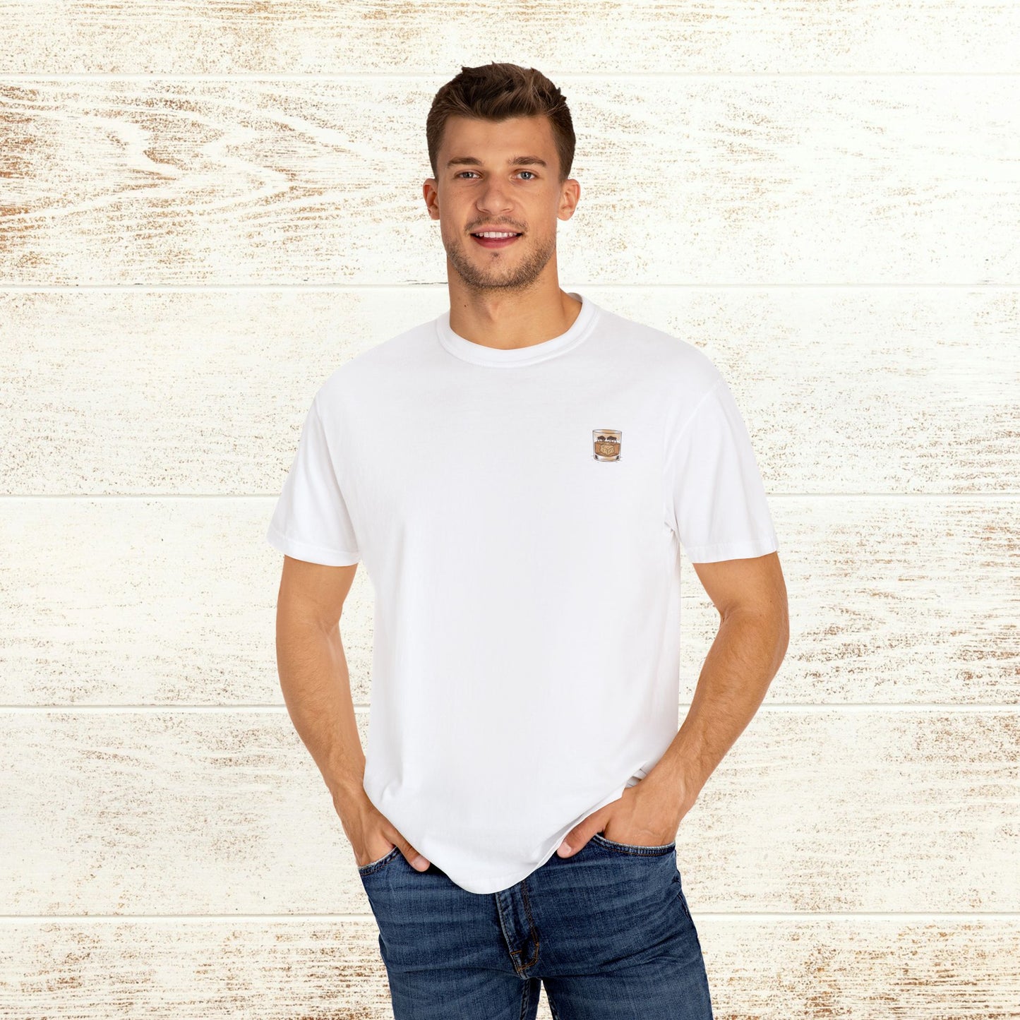 Model wearing the Rodeo On The Rocks Tee with a small drink graphic on the chest; perfect for casual outings, made from 100% US cotton.