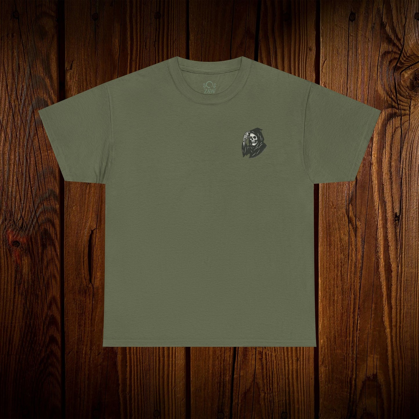 Spooky Halloween Graphic Tee - Unisex Cotton Shirt in olive green displaying a unique ghosts print, ideal for festive casual wear.