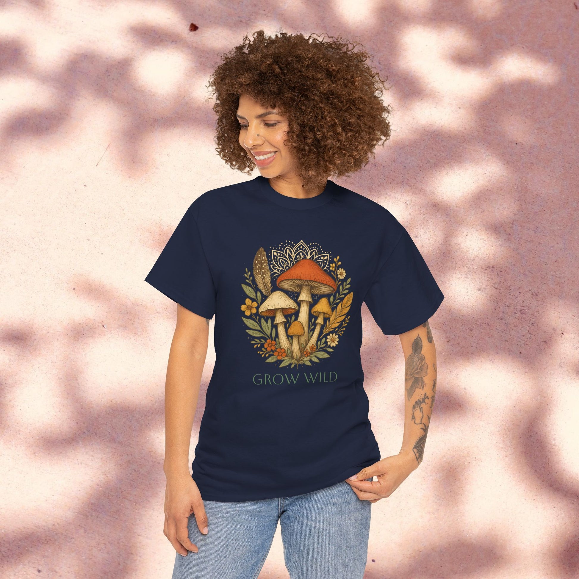 Wild Mushroom Graphic Tee in Navy - Eco-Friendly Unisex Cotton Shirt for Nature Lovers, Adventure Apparel worn by a person, featuring a beautiful mushroom illustration and 'GROW WILD'.