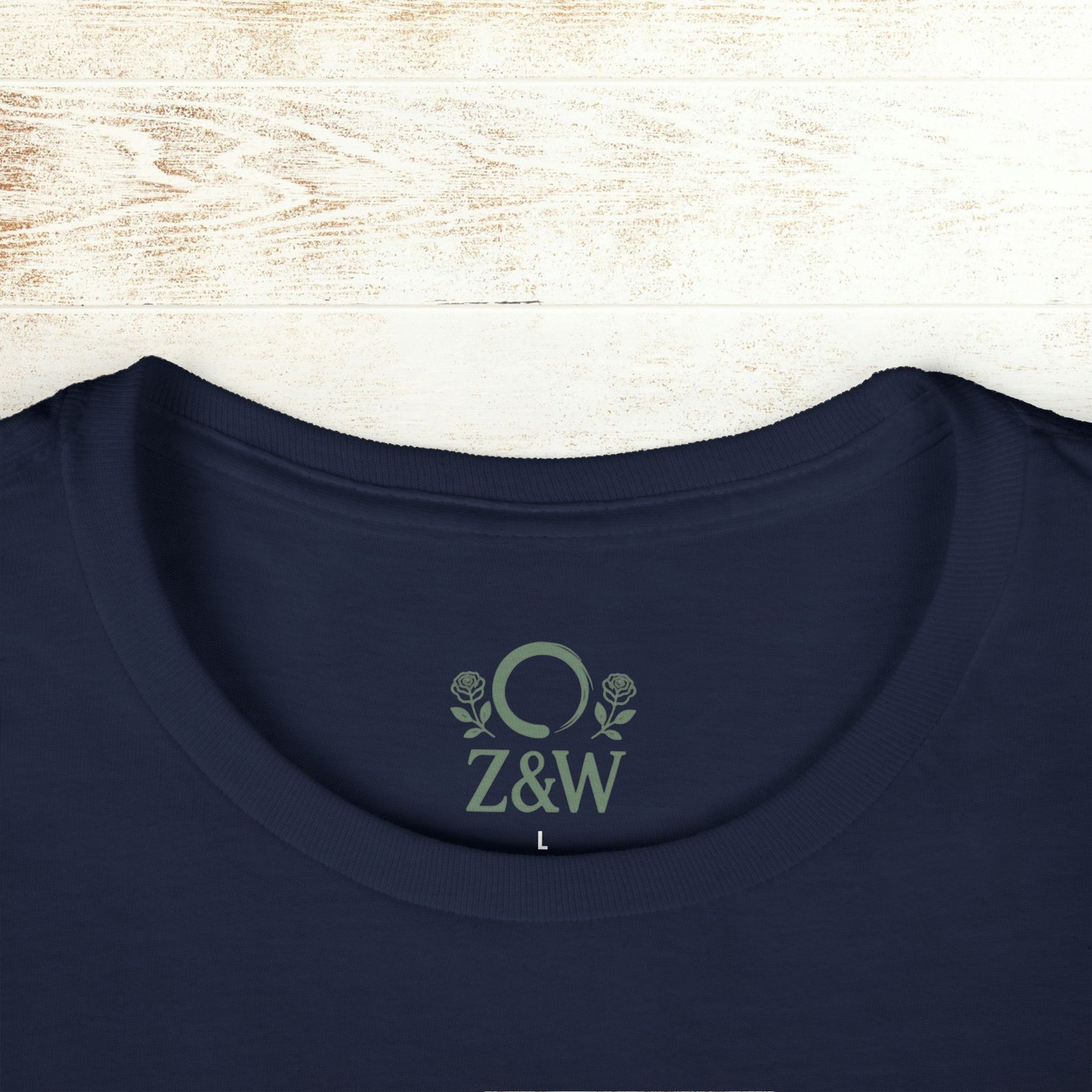 No Bad Vibes Tee - Close-up of the back neck tag design featuring Z&W logo on a navy blue soft ring-spun cotton fabric.