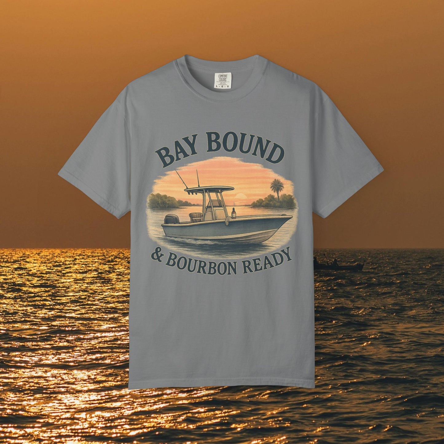 Bay Bound T-Shirt for Summer in gray, featuring a boat graphic, perfect for fishing and beach lovers looking for comfort.