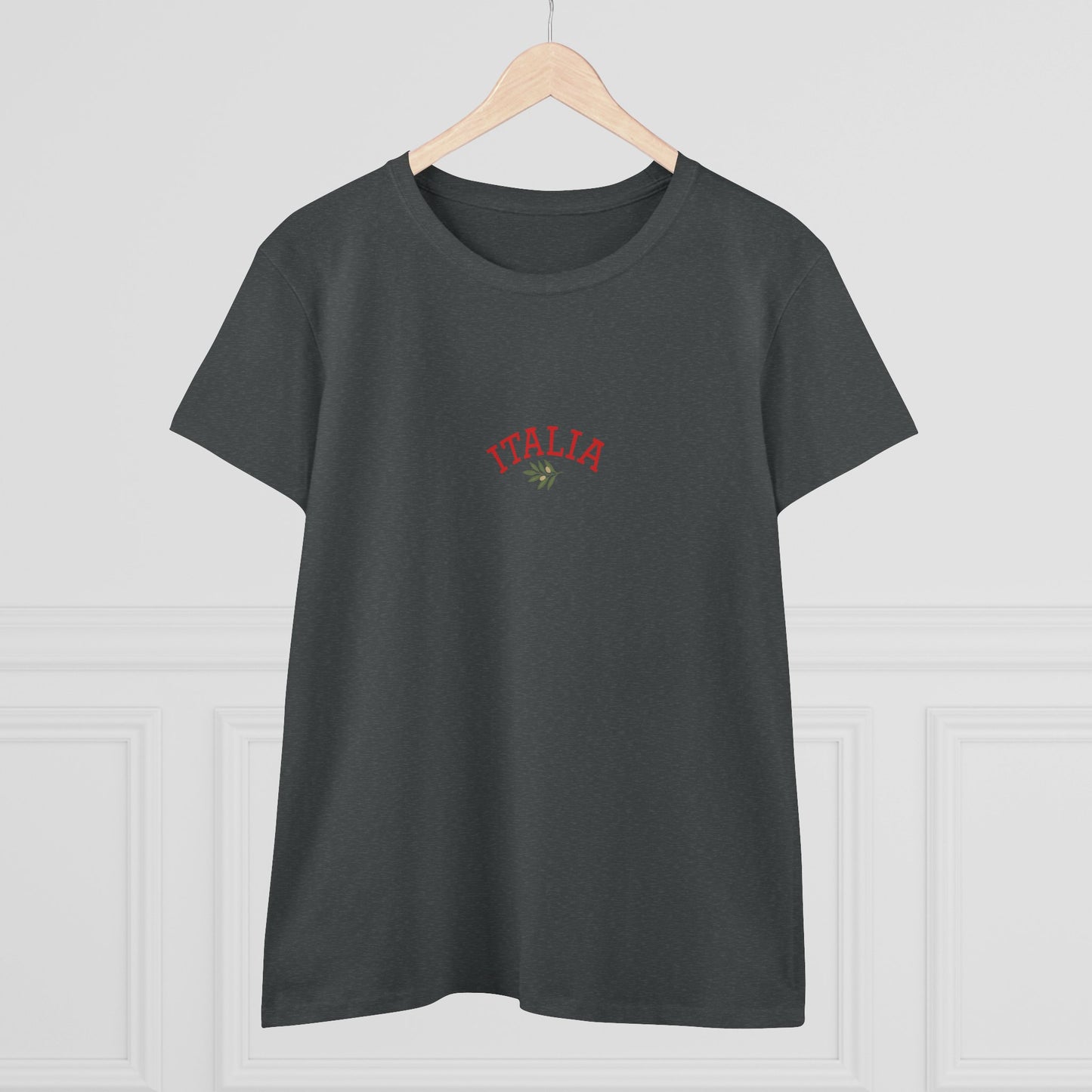 Front view of a Unisex Ultra Cotton Tee with Italian Heritage Design in charcoal gray, adorned with 'ITALIA' text for a trendy casual wear.