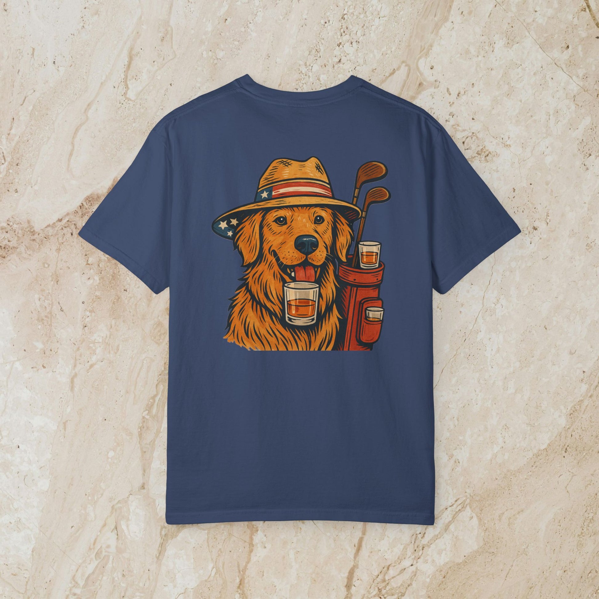Golden Whiskey Dog Tee - Unique Vintage Style, 100% Cotton, Relaxed Fit with Left Chest Pocket featuring a vibrant illustration of a golden retriever wearing a hat and holding whiskey.