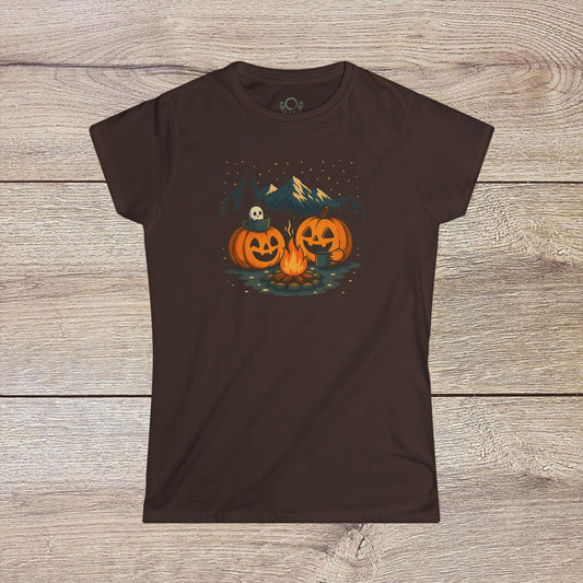 Fall Pumpkin Campfire T-Shirt featuring vintage-style artwork with Halloween pumpkins and a campfire, available in 100% cotton, perfect for Halloween events.