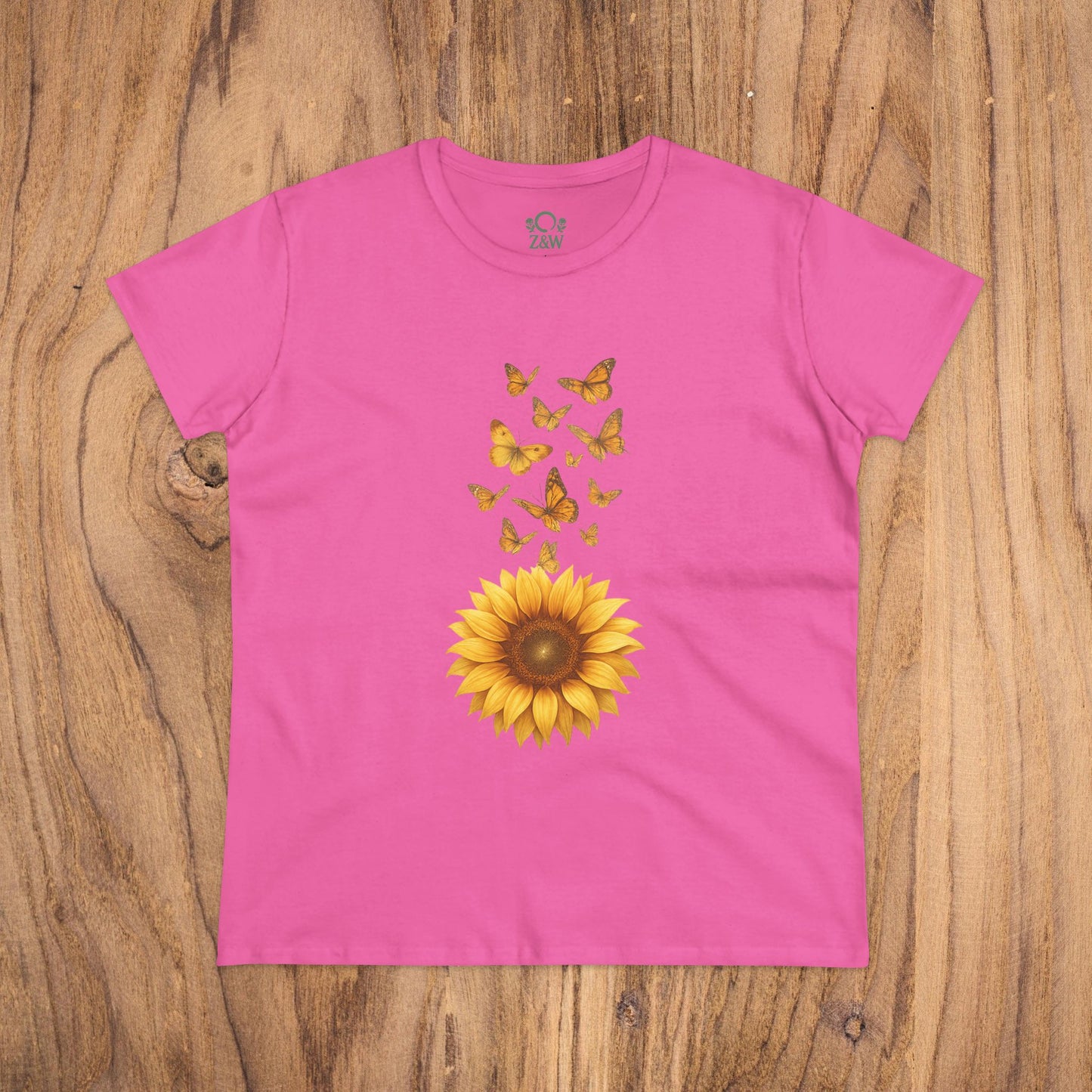 Sunflower & Butterflies Cotton Tee for Women - Bright pink cotton tee featuring a sunflower and butterflies motif, combining comfort and style for everyday wear.