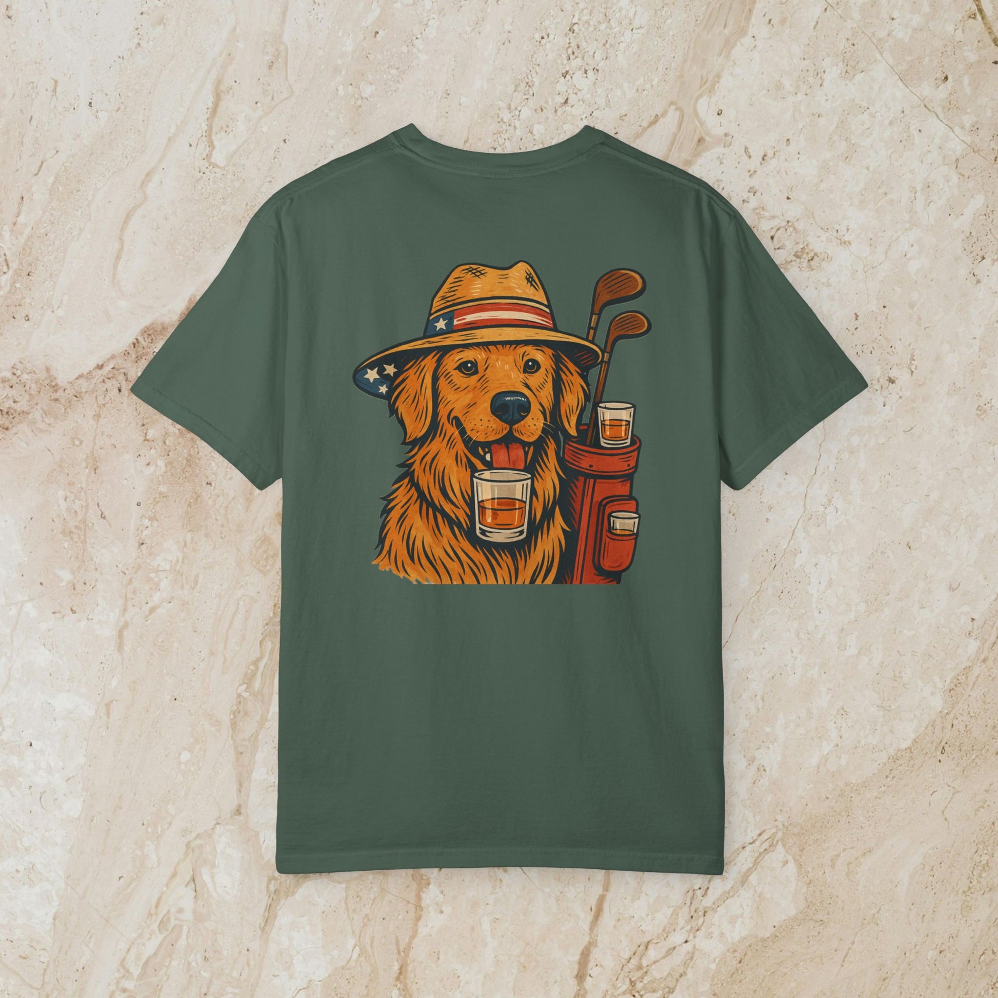 Golden Whiskey Dog Tee - Unique Vintage Style, displaying a golden retriever with a whiskey pocket on a green tee, ideal for dog lovers.