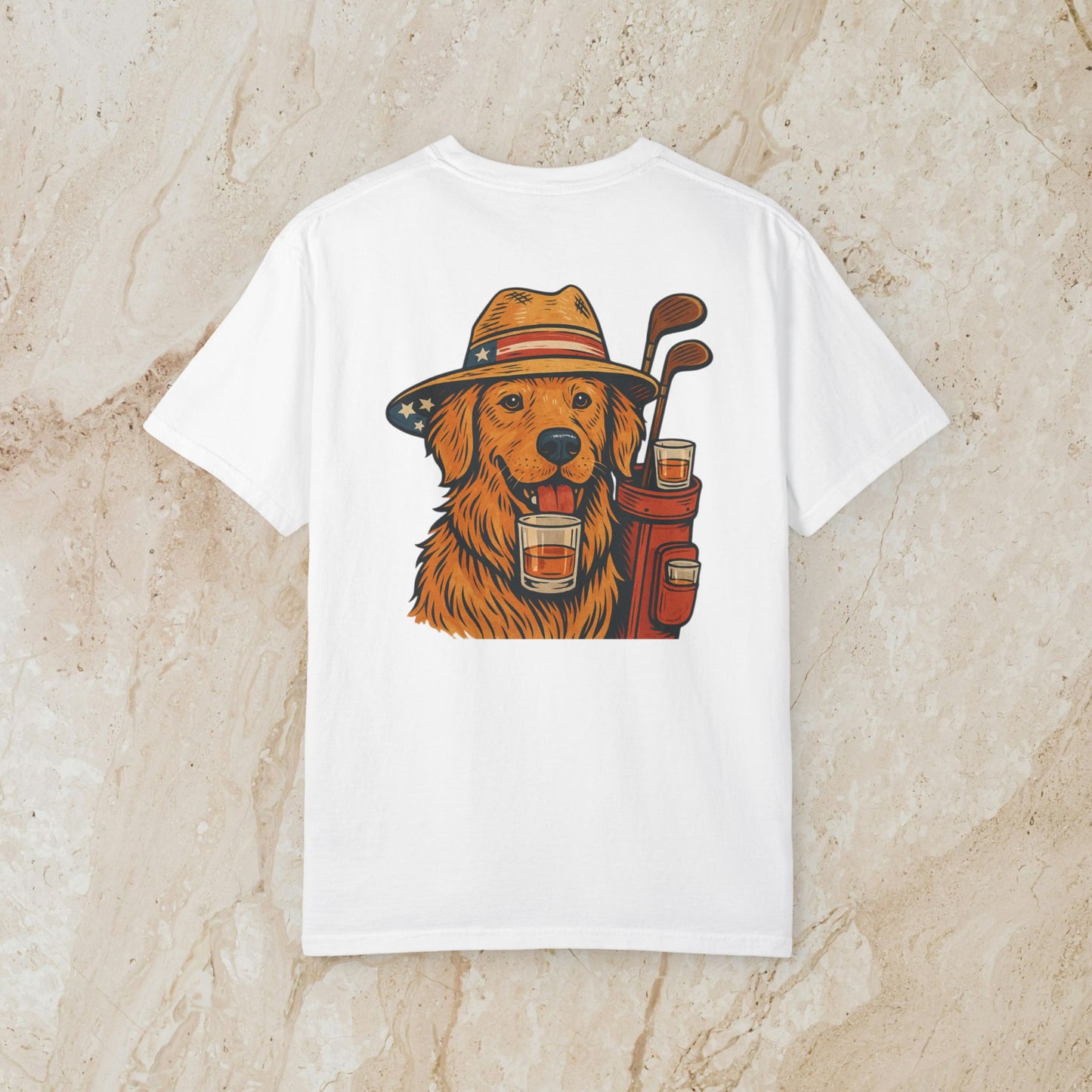 Golden Whiskey Dog Tee with a lively dog illustration on a white background, perfect for casual wear and showcasing a unique vintage aesthetic, great for dog enthusiasts.