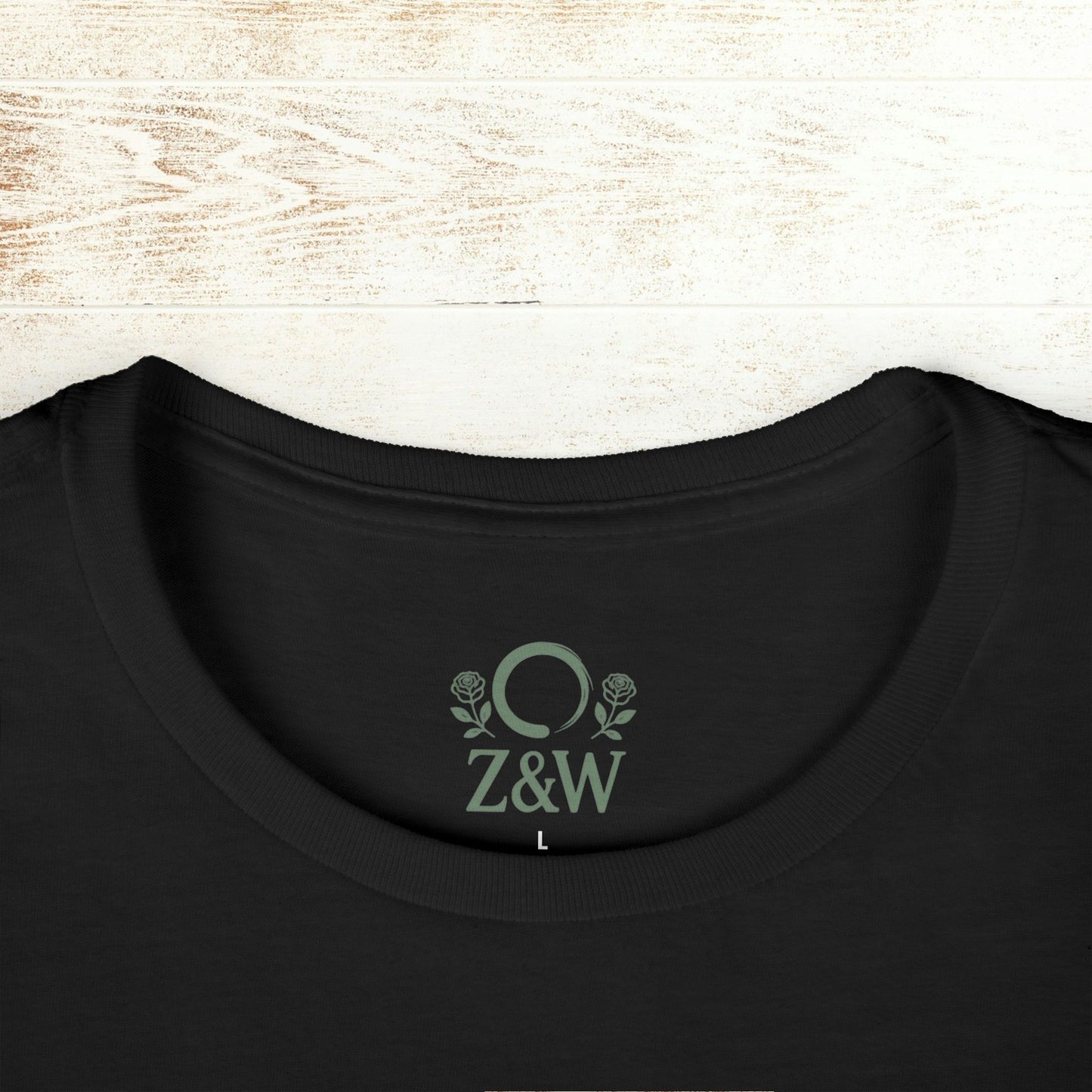 Close-up of the neck label on the No Bad Vibes Tee, indicating the brand logo Z&W, highlighting quality and sustainable fashion.