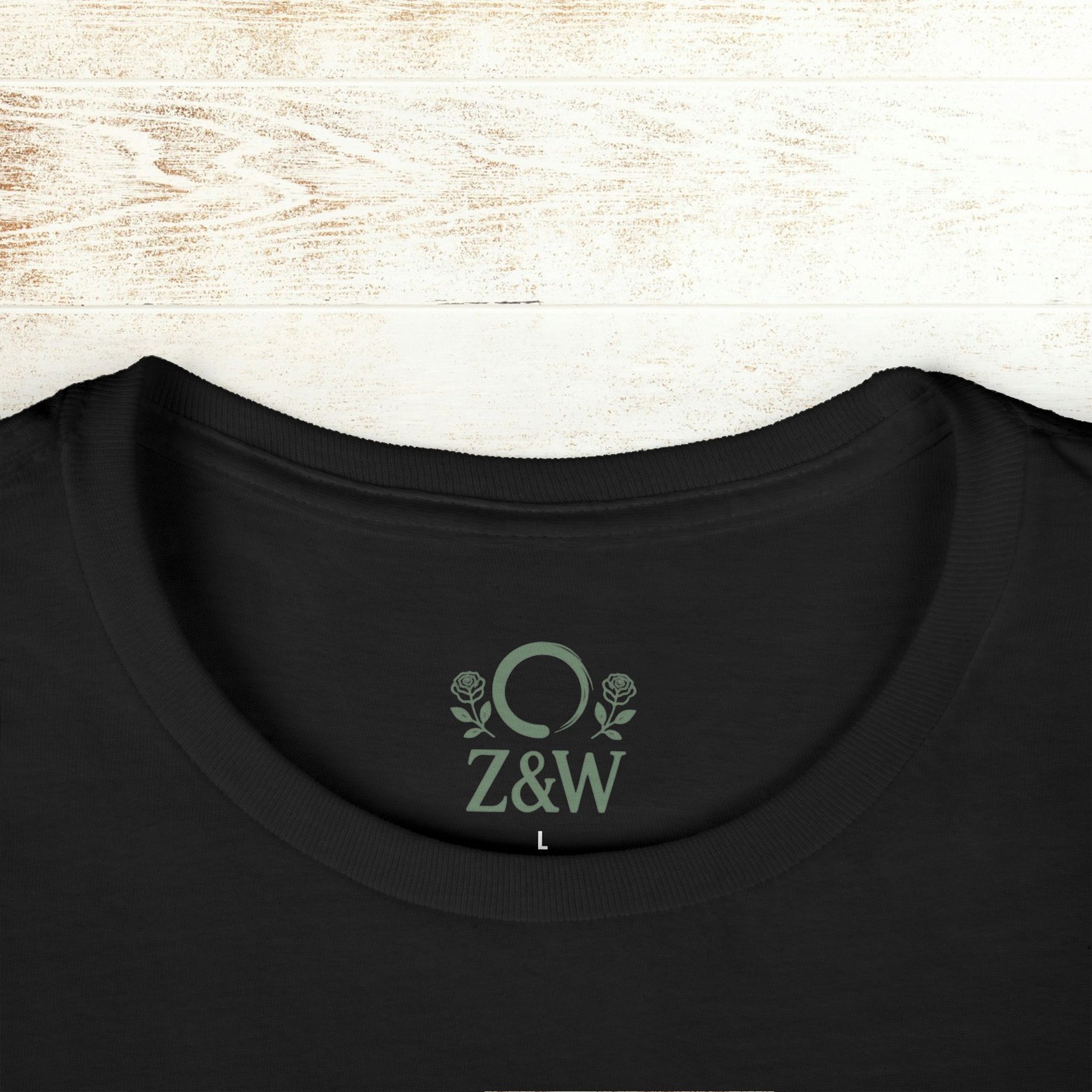 Close-up of the neck label on the No Bad Vibes Tee, indicating the brand logo Z&W, highlighting quality and sustainable fashion.