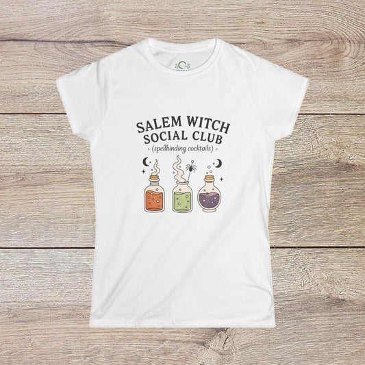 Salem Witch Social Club Graphic Tee showcasing vibrant potion bottles and spellbinding cocktails against a white background, crafted from soft 100% ring-spun cotton for comfort and style.