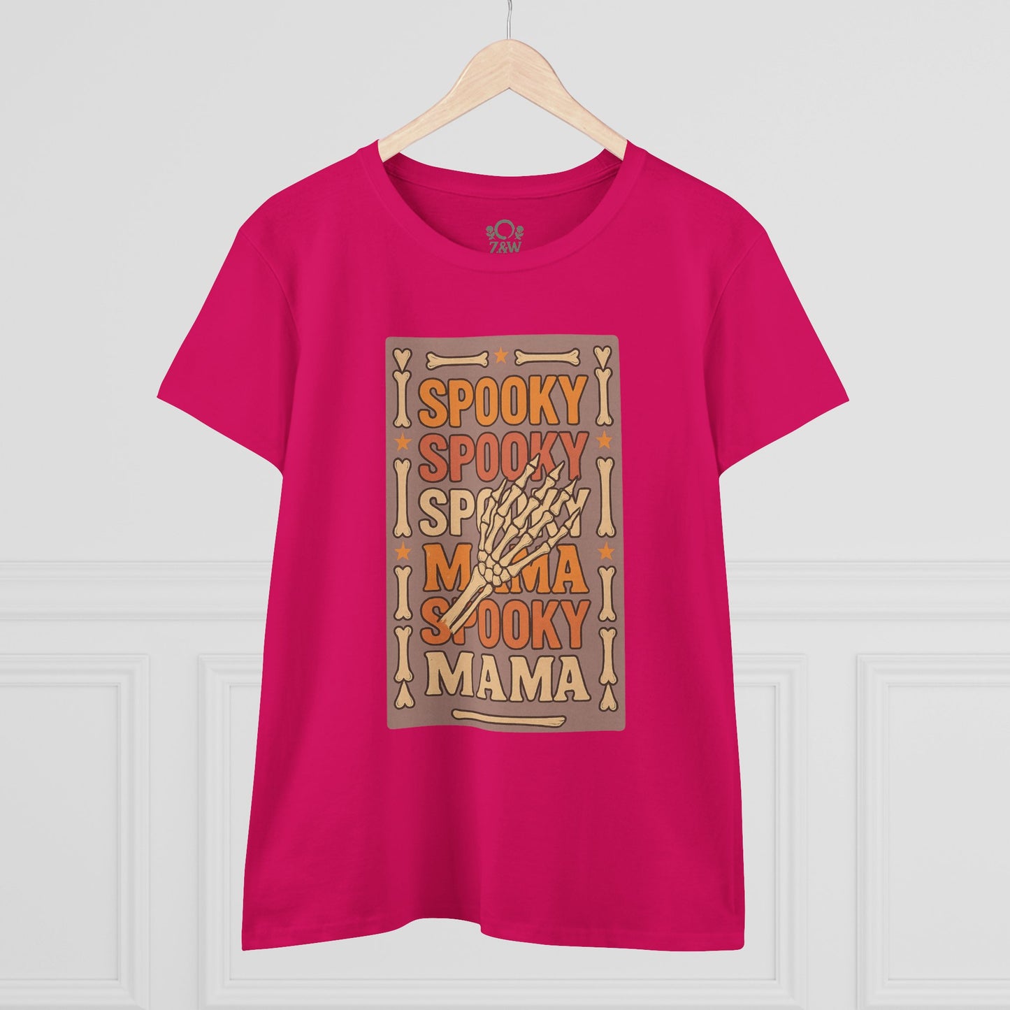 Front view of the Spooky Mama Tee in deep pink, showcasing its eye-catching spooky graphic, ideal for Halloween-themed events.