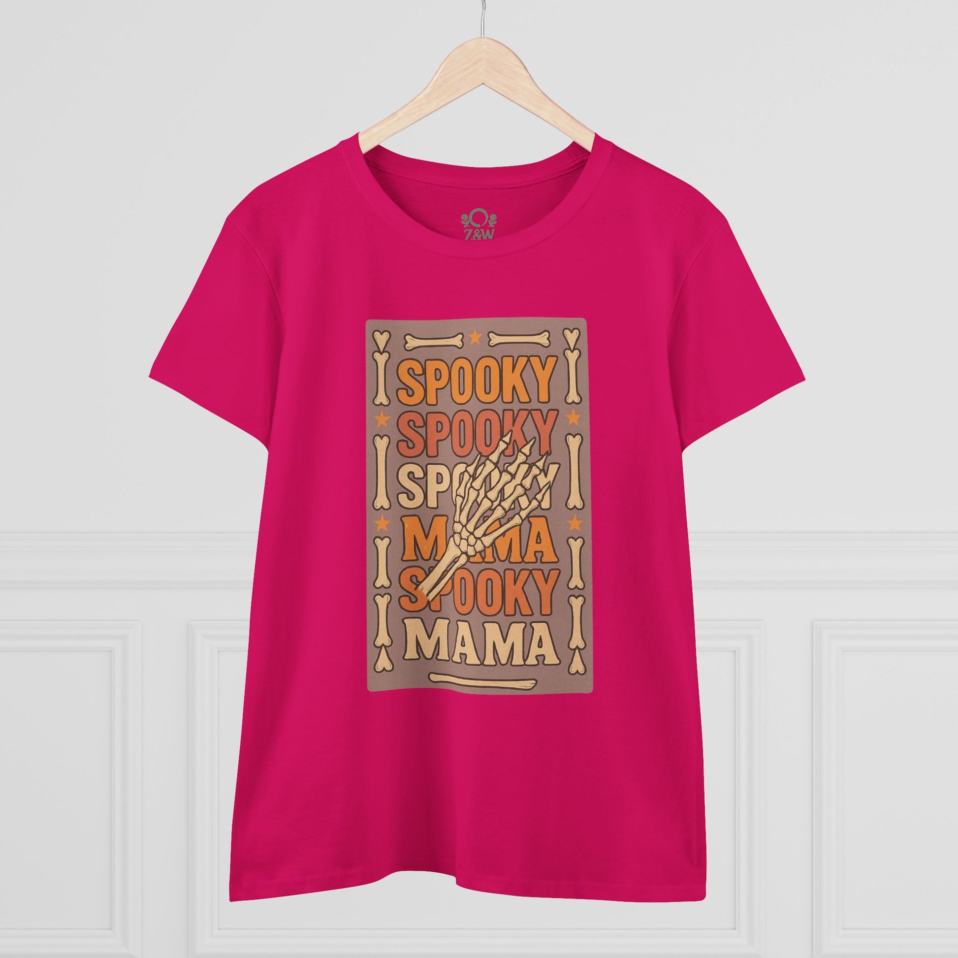 Front view of the Spooky Mama Tee in deep pink, showcasing its eye-catching spooky graphic, ideal for Halloween-themed events.