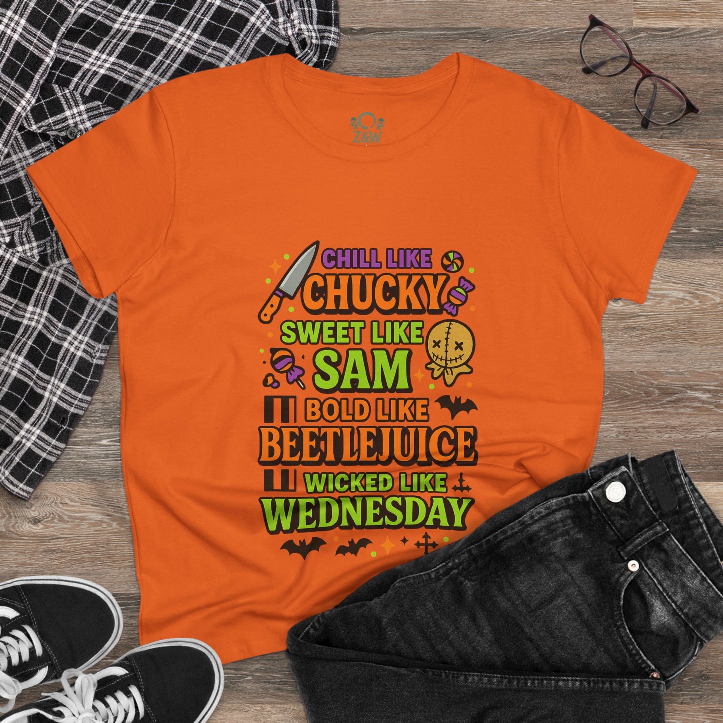 Spooktacular Horror Tee: Chill Like Chucky, Sweet Like Sam, Beetlejuice, Wednesday Addams, Halloween Shirt, Horror Fan Gift