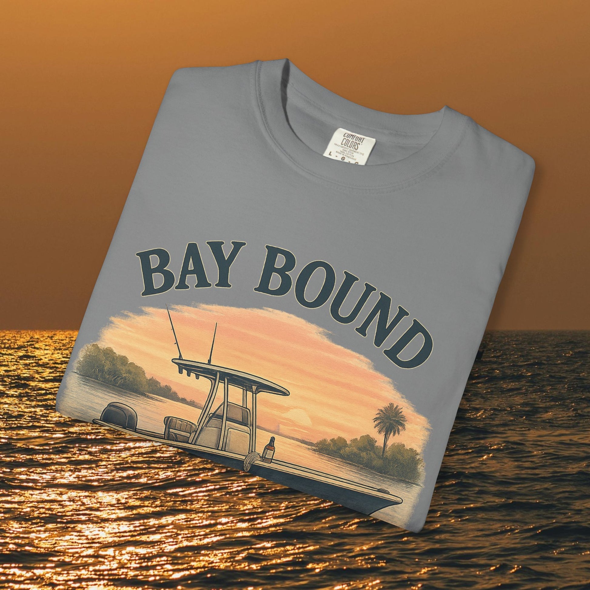 Bay Bound Boating T-Shirt in gray, highlighting a scenic boat illustration and sunset, designed for comfort during summer activities.