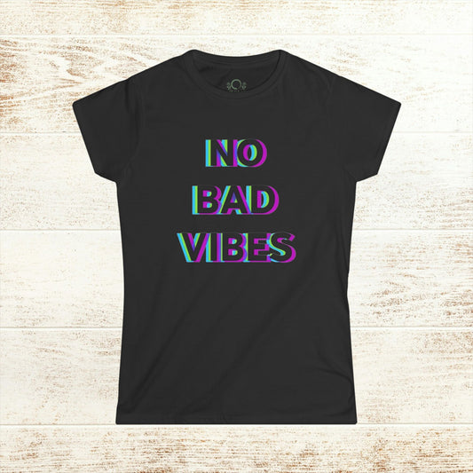 No Bad Vibes Tee in black color, made from 100% soft ring-spun cotton, showcasing a vibrant print that promotes positivity.