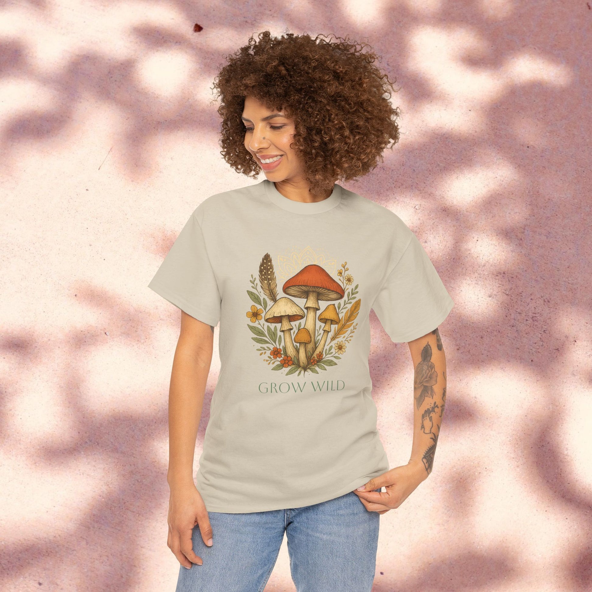 Wild Mushroom Graphic Tee in light beige, showcasing a unique mushroom design surrounded by flowers, ideal for eco-conscious individuals and casual outings.