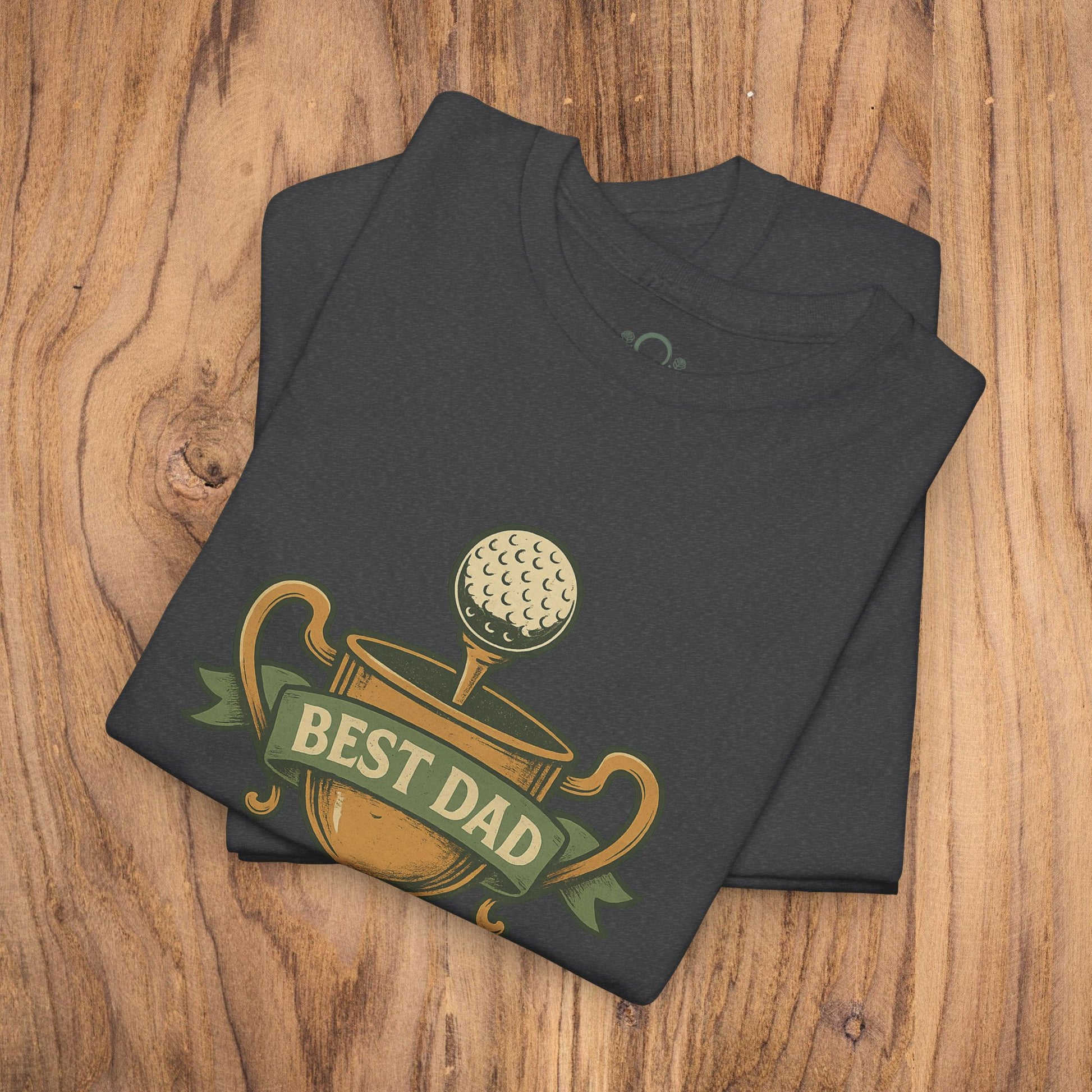 Best Dad Trophy T-Shirt in charcoal gray showcasing a bold golf trophy design, crafted for lasting comfort from soft cotton.