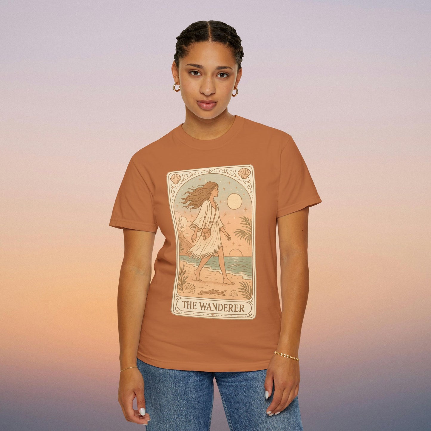 Wanderer Tarot Graphic Tee in burnt orange color, showcasing unique design and comfort, ethically made with 100% cotton.