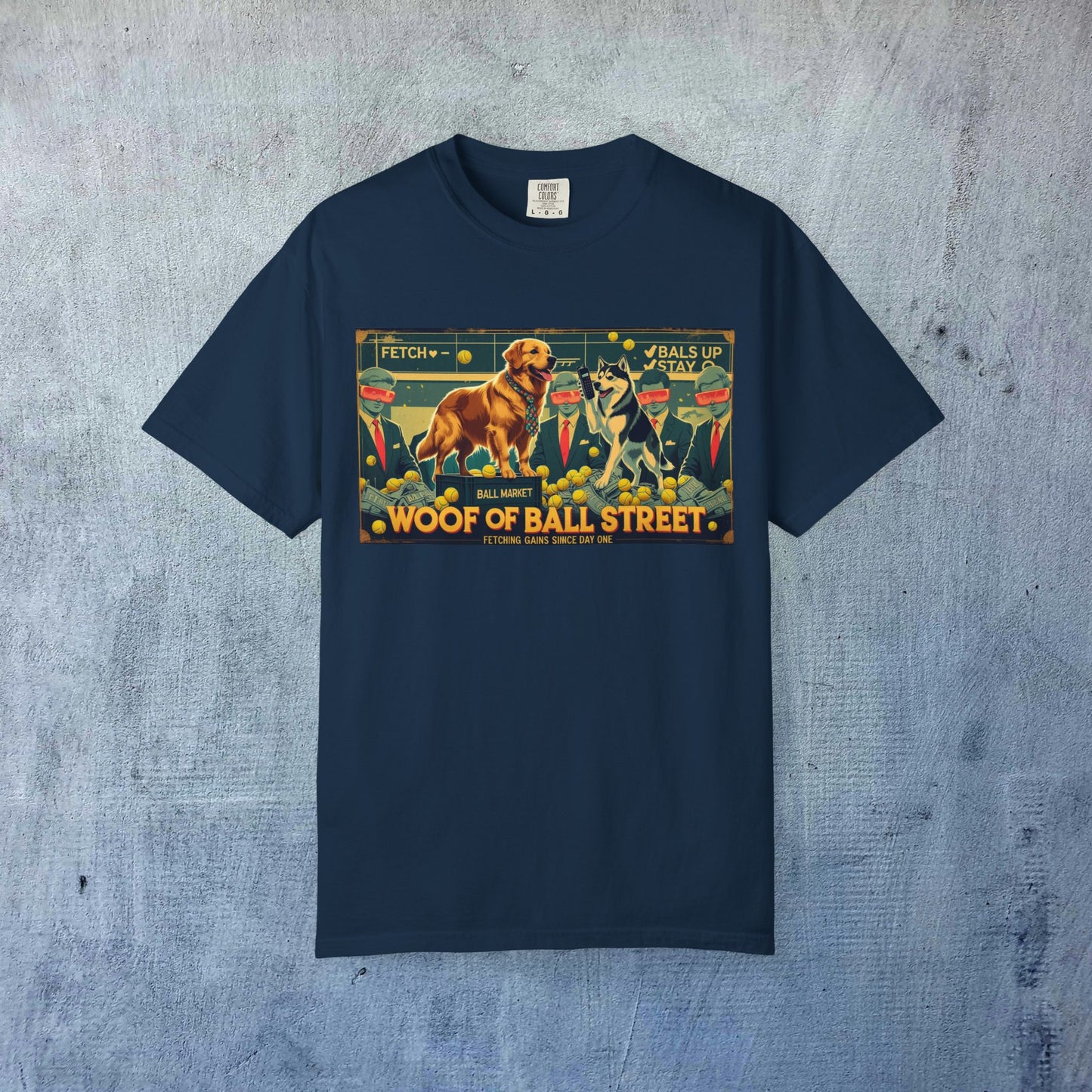 Sleek Woof of Ball Street T-Shirt in navy color, boasting a charming illustration of a dog, crafted from 100% cotton for the ultimate comfort experience.