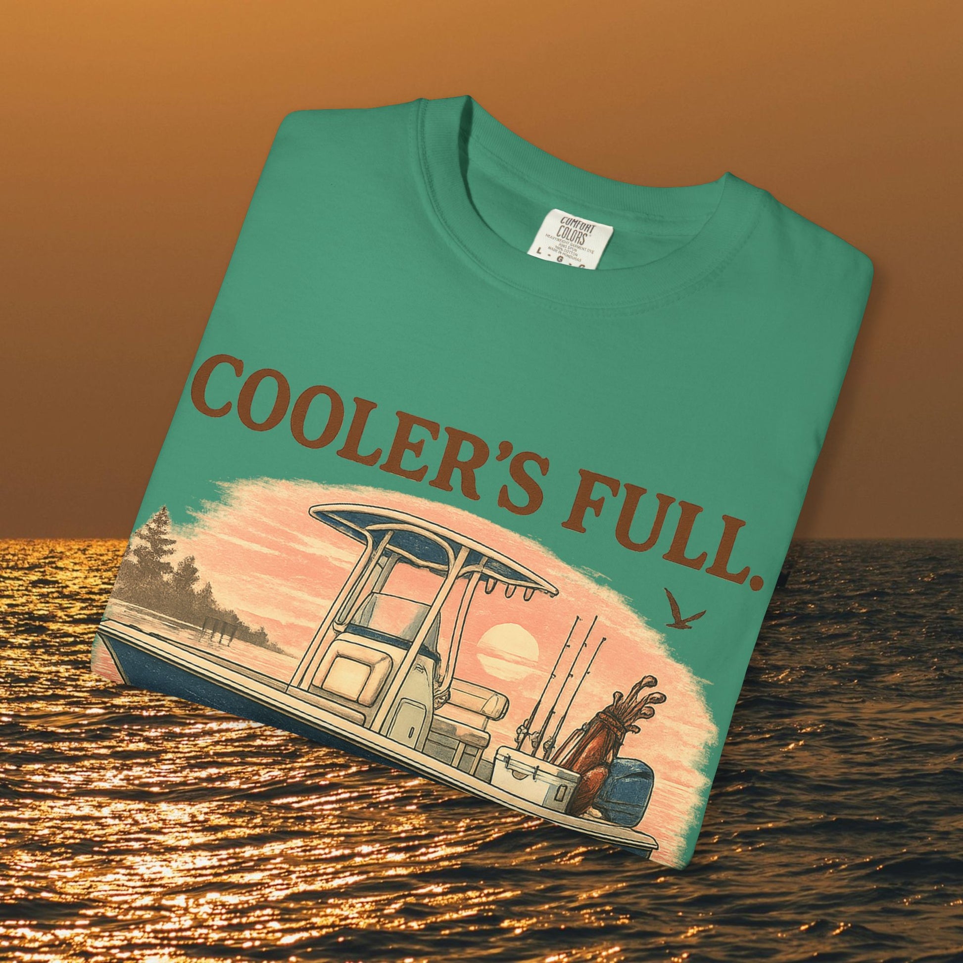 Men's & Women's Durable Cotton Full Tee - Soft, Seamless, Front view highlighting 'Cooler's Full' design in bright green.