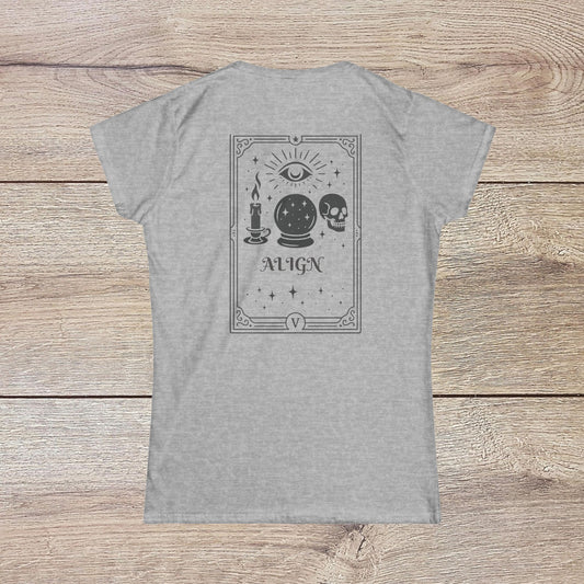 Eco-Friendly Align Tee featuring a unique back design with mystical symbols and the word 'ALIGN', perfect for personalized style.