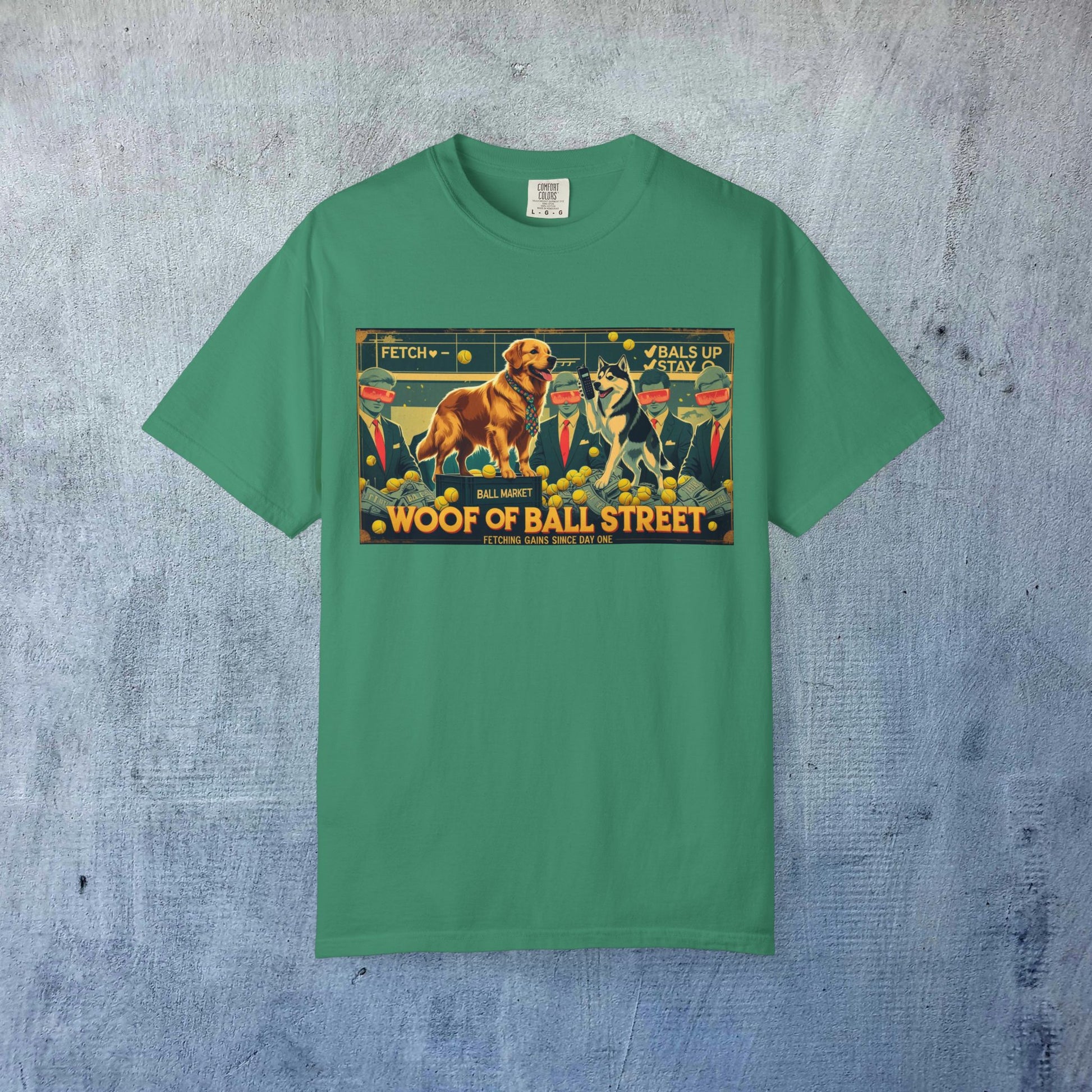 Sleek Woof of Ball Street T-Shirt in teal featuring delightful dog and cat motifs, perfect for pet lovers.