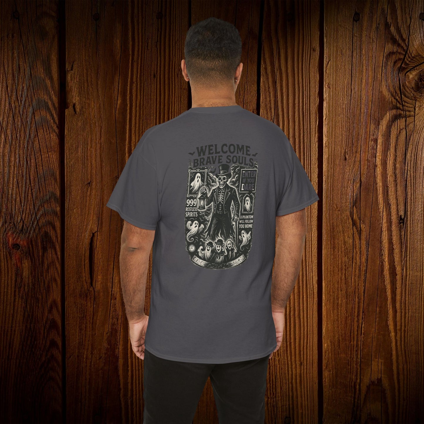 Spooky Halloween Graphic Tee shown from the back, in dark gray color with a striking ghost design, perfect for Halloween celebrations.