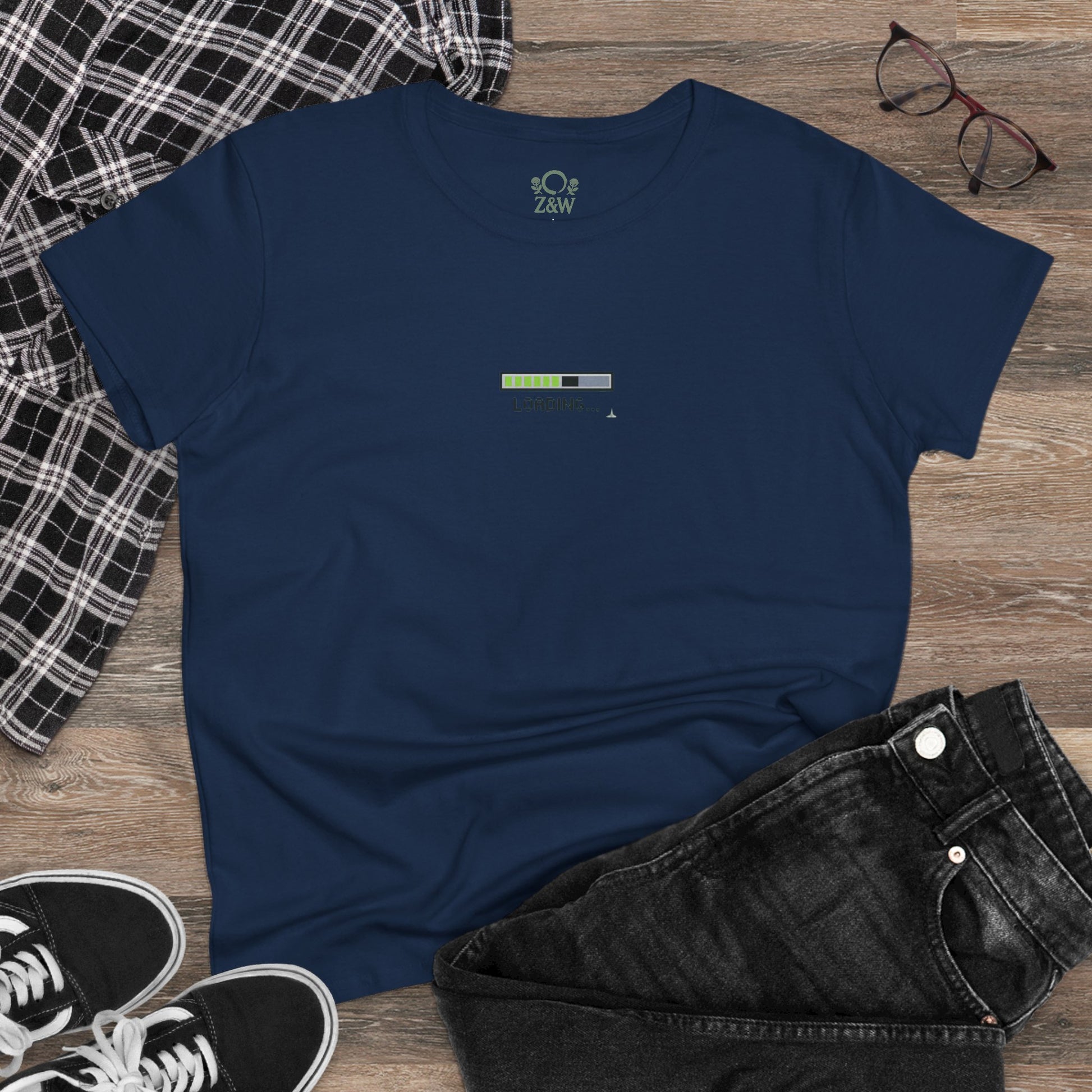 404 Y2K Graphic T-Shirt styled with casual wear, showcasing a simple loading bar graphic that adds a playful element to the Y2K aesthetic.