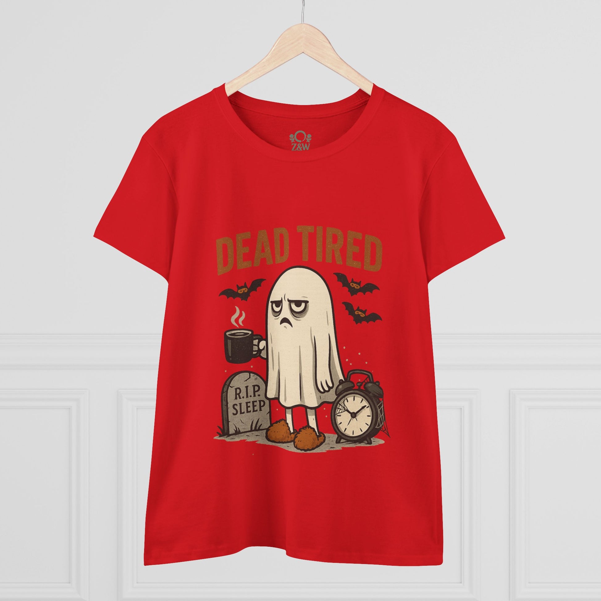 Cute Whimsical Ghost T-Shirt for Halloween in bold red, showcasing a tired ghost design with 'DEAD TIRED' lettering, perfect for casual outfits.