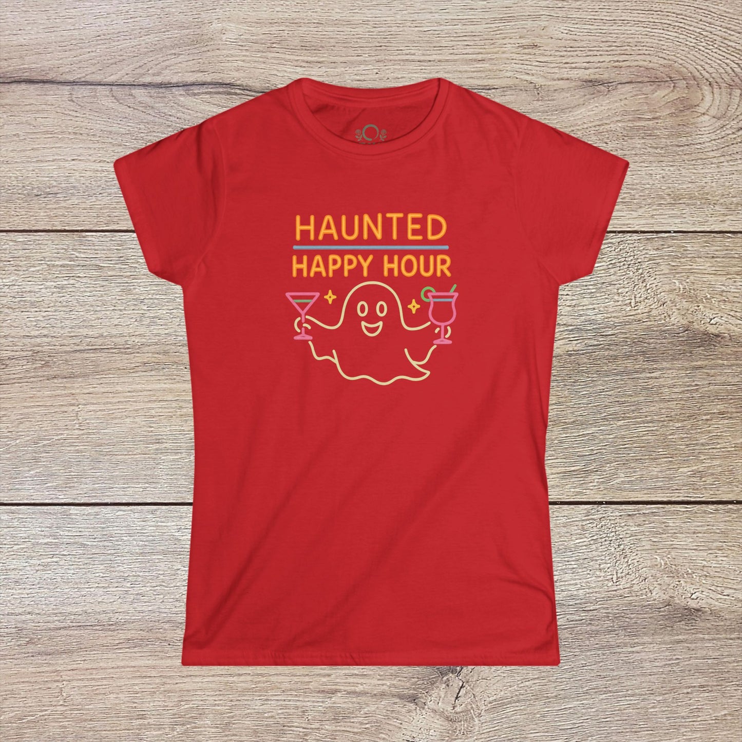 Red Haunted Happy Hour T-Shirt displaying a cute ghost graphic and drinks, perfect for eco-conscious individuals embracing Halloween spirit.