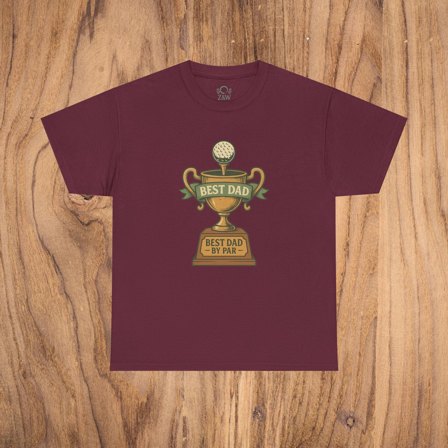 Best Dad Trophy T-Shirt in maroon color, featuring an eye-catching golf trophy design with the text 'Best Dad by Par', made from soft cotton for durable comfort.