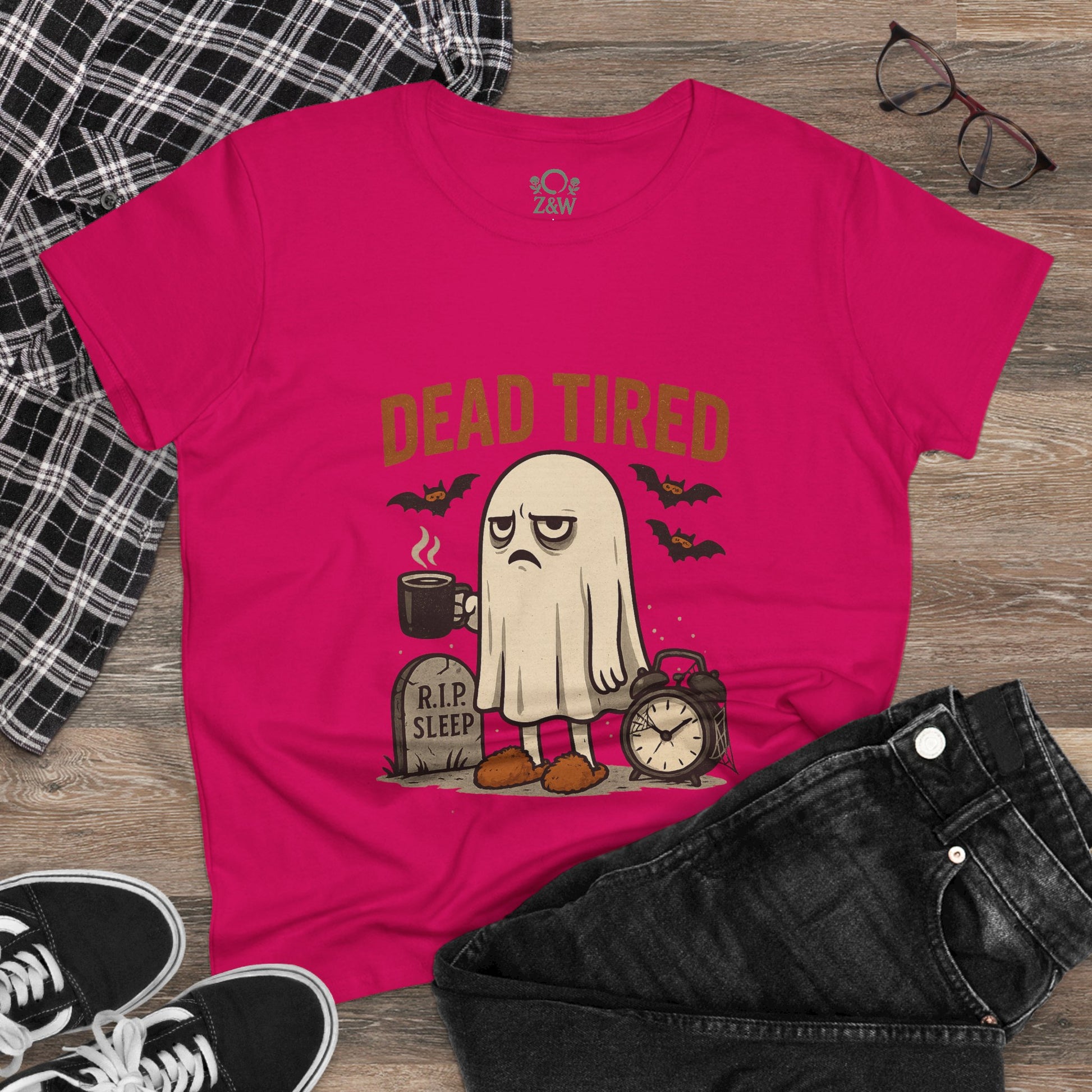 Stylish Cute Whimsical Ghost T-Shirt for Halloween displayed in pink, featuring a 'DEAD TIRED' graphic with a ghost, ideal for comfortable lounging.