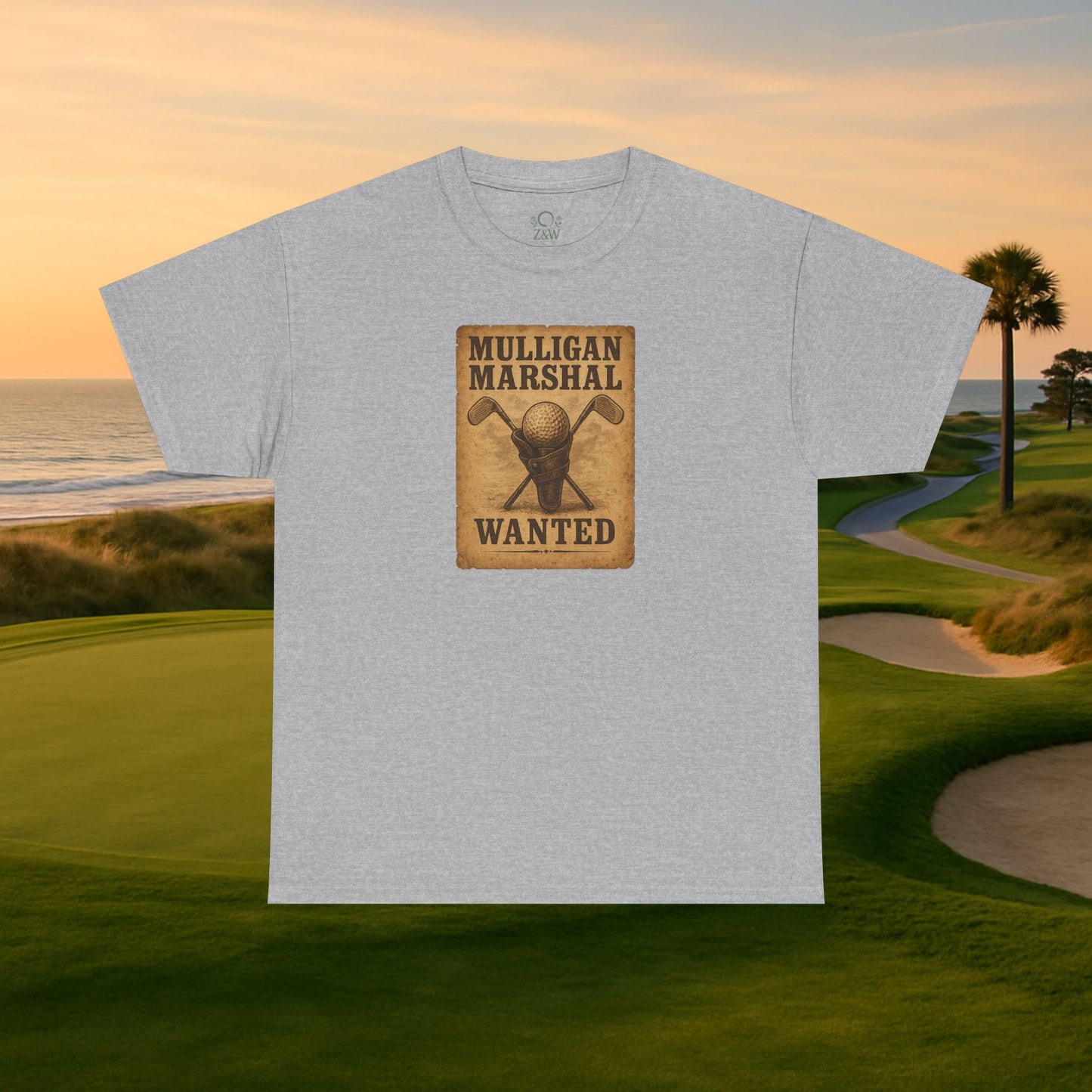 Funny Mulligan Marshal Wanted Golf Tee Shirt in light gray, a must-have casual summer wear for avid golfers.