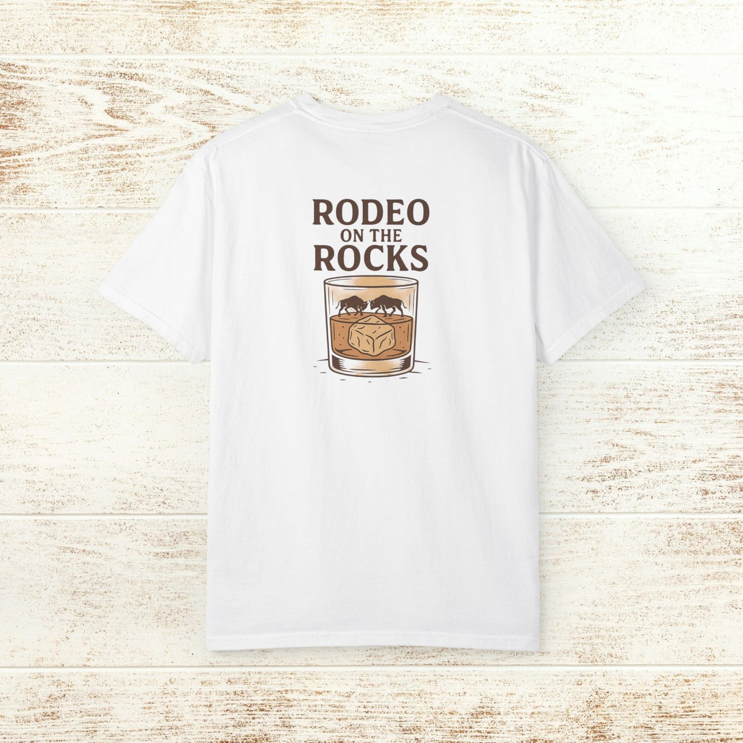 Rodeo On The Rocks Tee showcasing a stylish back design featuring a glass with ice cubes; made from soft 100% US cotton for comfort.