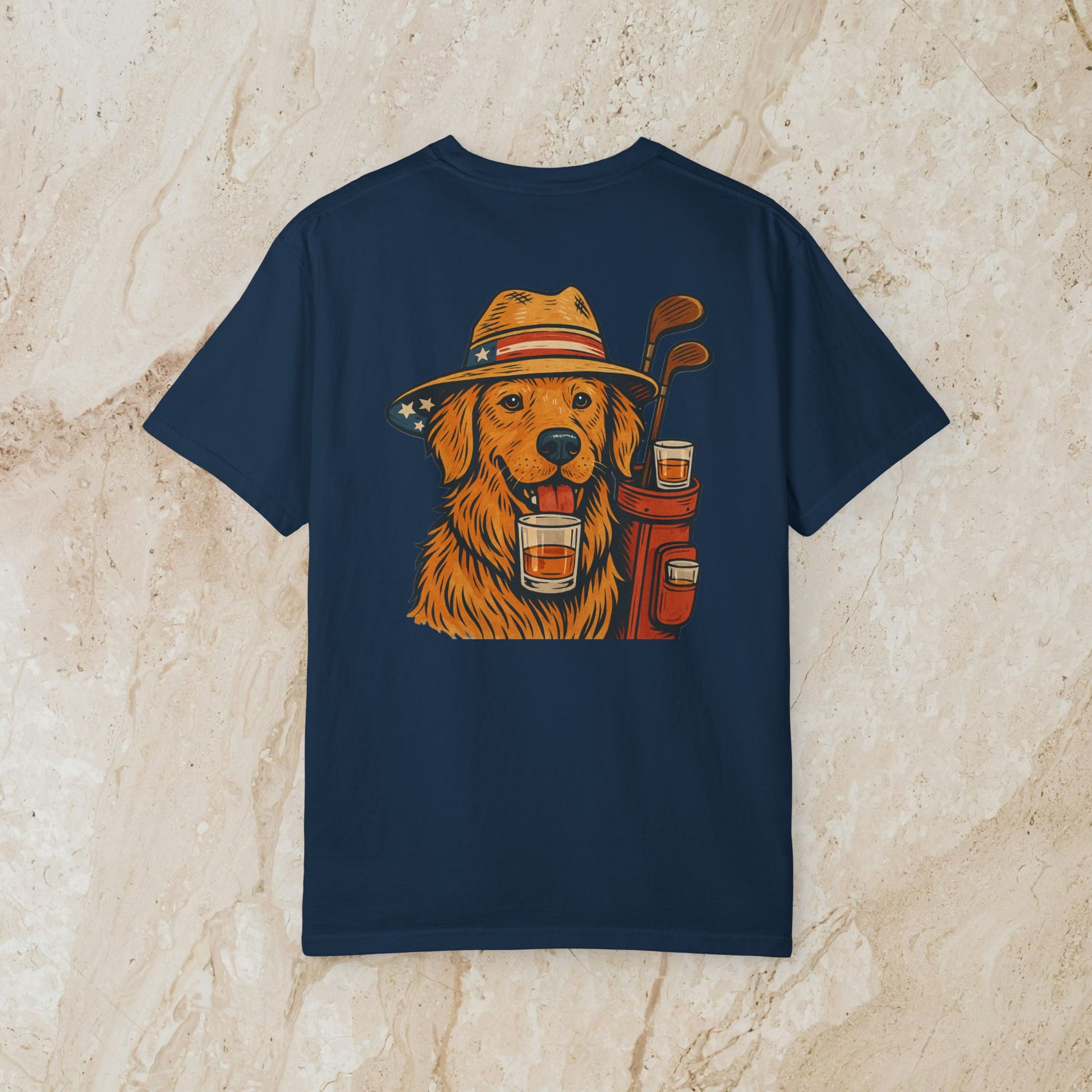 Golden Whiskey Dog Tee in navy blue displaying the delightful golden retriever graphic in a hat with drinks, affirming its unique vintage appeal.