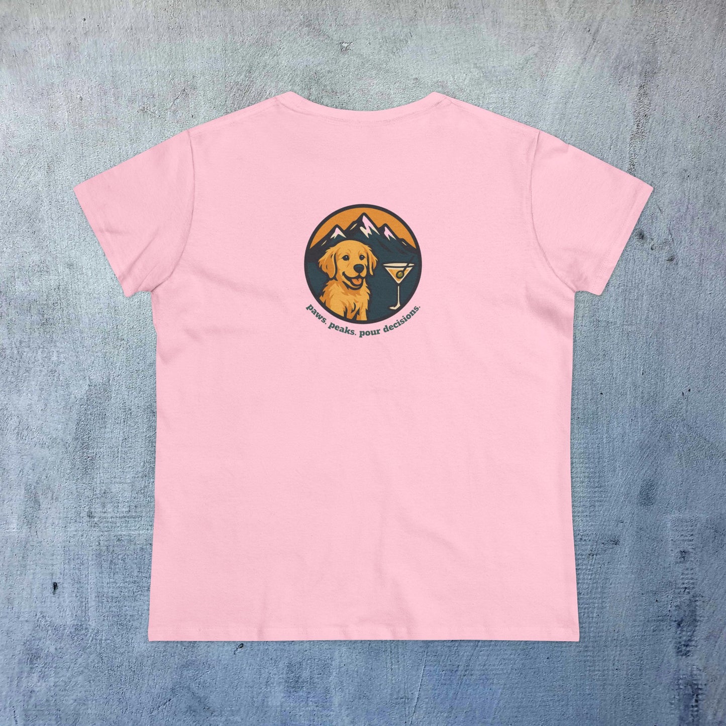 Unisex Dog Lover T-Shirt - 100% Cotton Soft Short Sleeve Tee designed with a golden retriever and mountain theme, in vibrant pink, ideal for casual outings.
