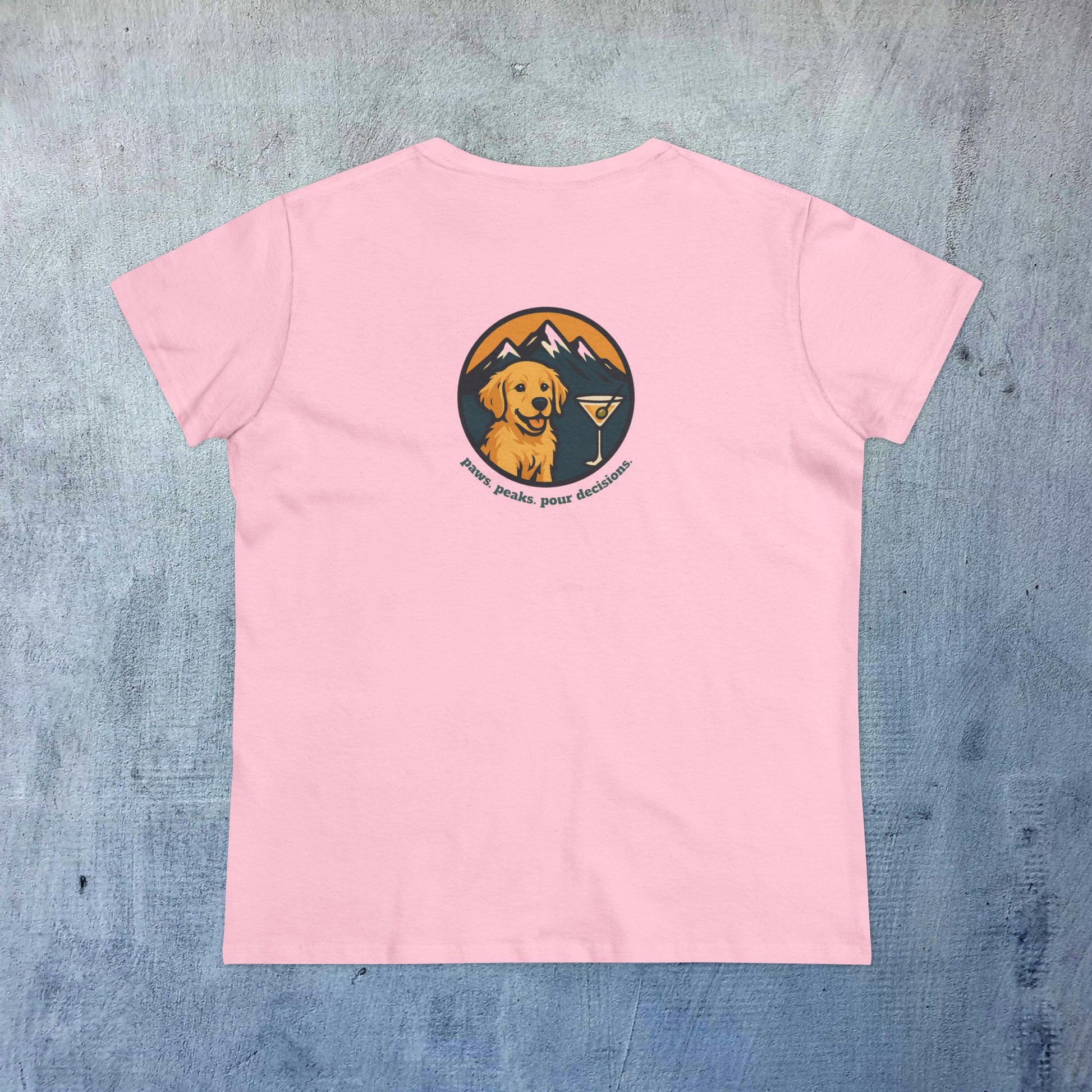 Unisex Dog Lover T-Shirt - 100% Cotton Soft Short Sleeve Tee designed with a golden retriever and mountain theme, in vibrant pink, ideal for casual outings.