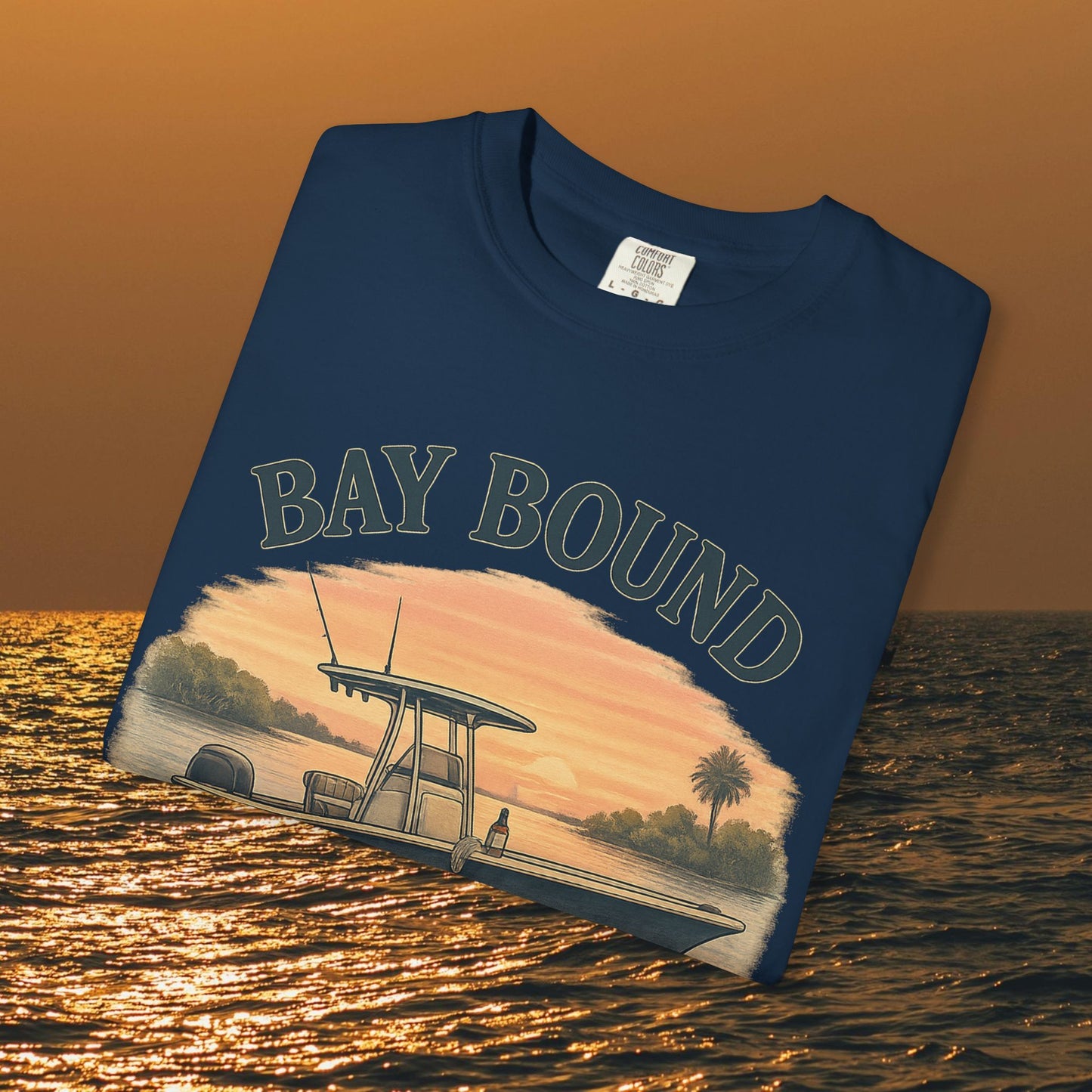 Close-up of the Bay Bound T-Shirt For Summer, highlighting the detailed boating graphic, perfect for outdoor enthusiasts.