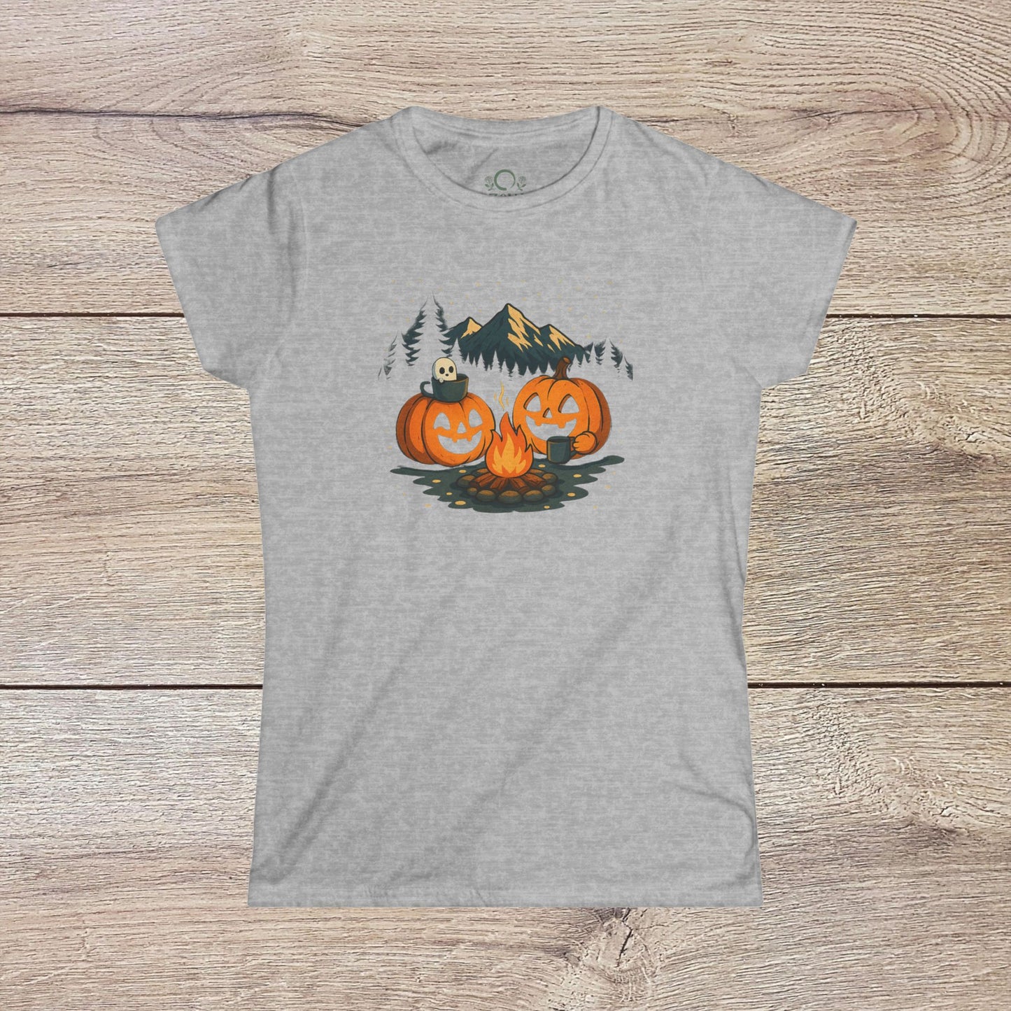 Fall Pumpkin Campfire T-Shirt in grey color featuring pumpkins and a campfire, perfect for Halloween, vintage unisex style, available in sizes S-4XL.