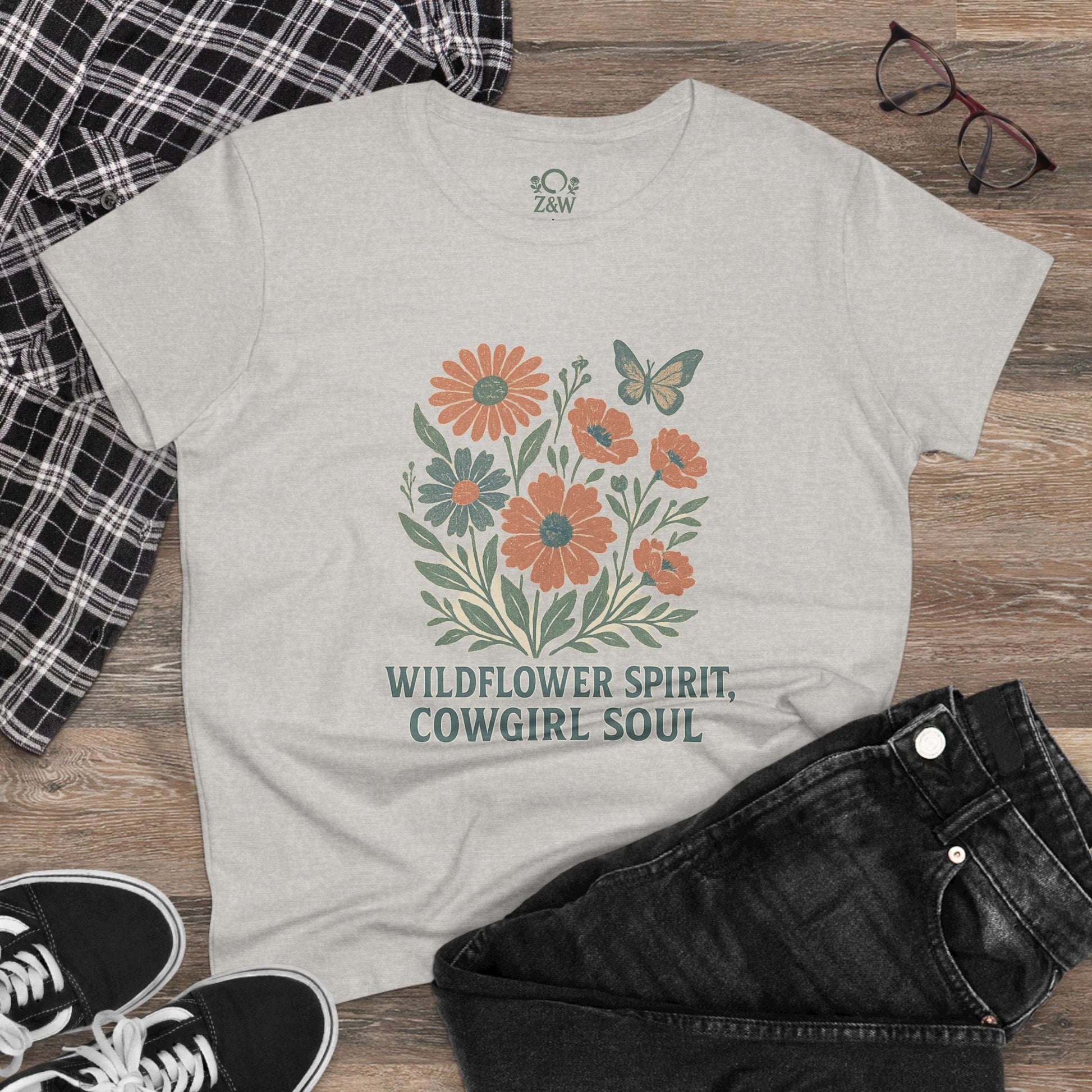 Wildflower Spirit Cotton Tee in light color, featuring floral and butterfly graphic, designed for a comfortable fit and stylish look.