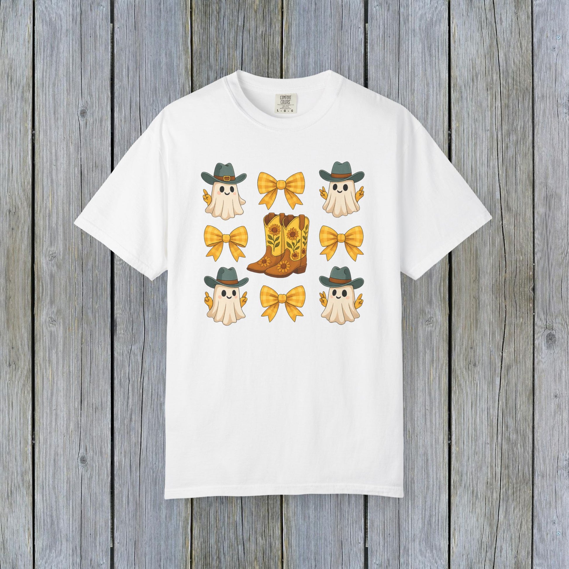 Cute Halloween T-Shirt with a fun design of ghosts and cowboy boots, tailored for unisex fall fashion. Eco-friendly fabric ensures comfort and style during the spooky season.